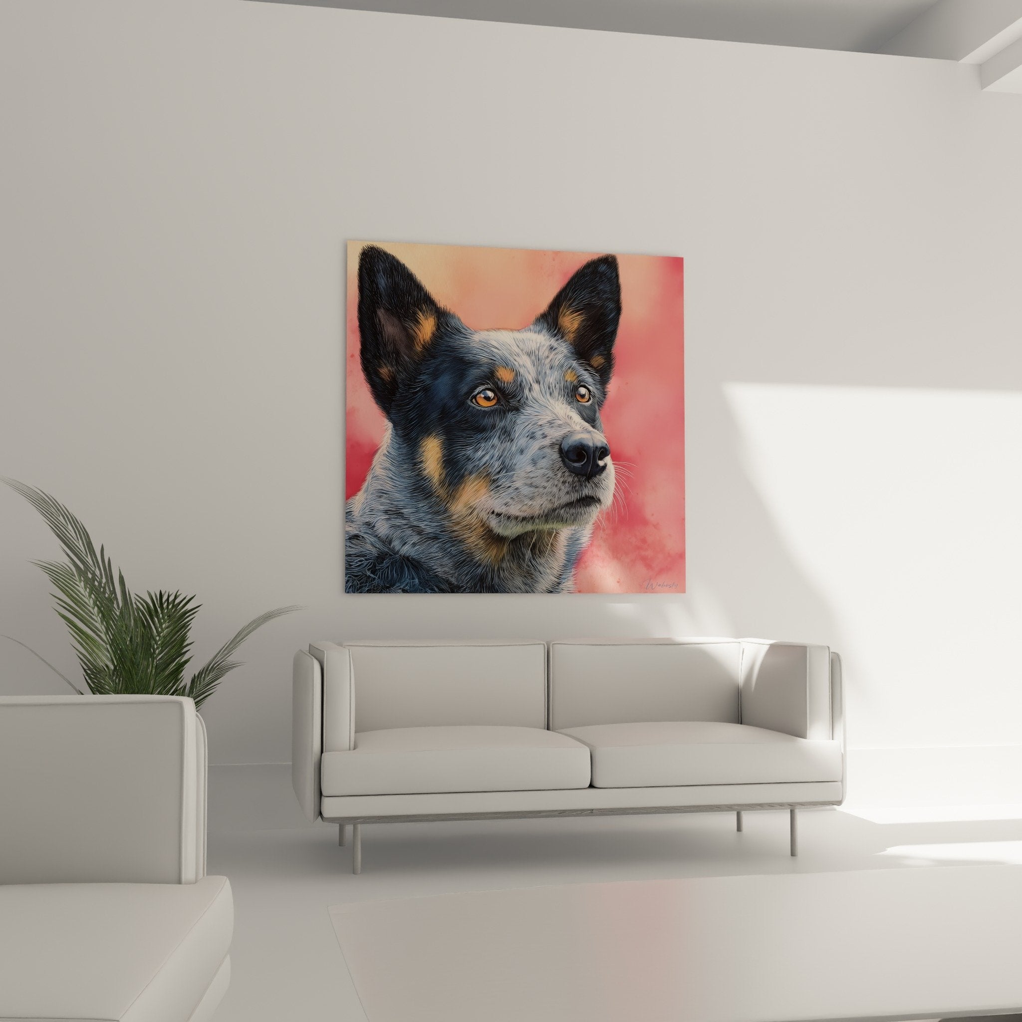 Détail portrait Australian Cattle Dog yeux ambrés pelage bleu merle textures réalistes art animalier