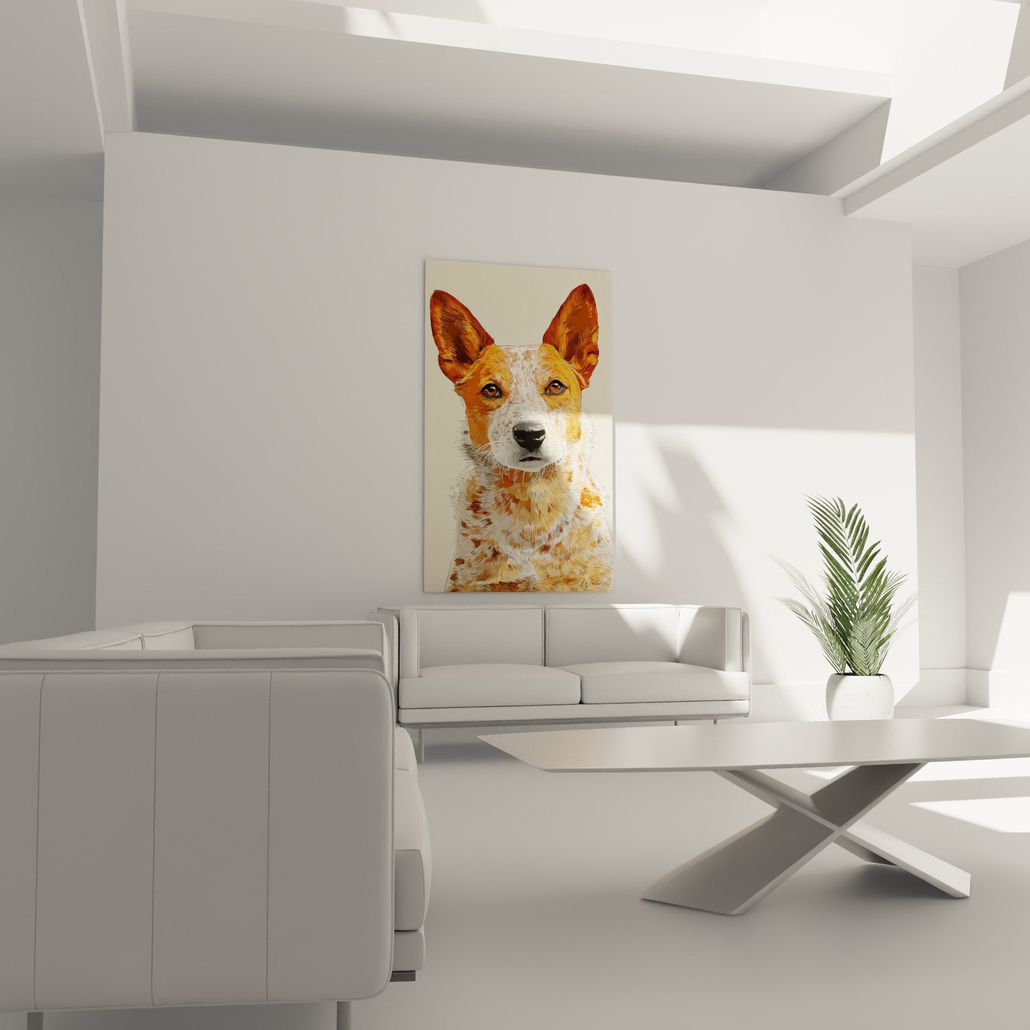 Détail portrait Australian Cattle Dog - Yeux dorés et pelage roux moucheté blanc rendu artistique précis