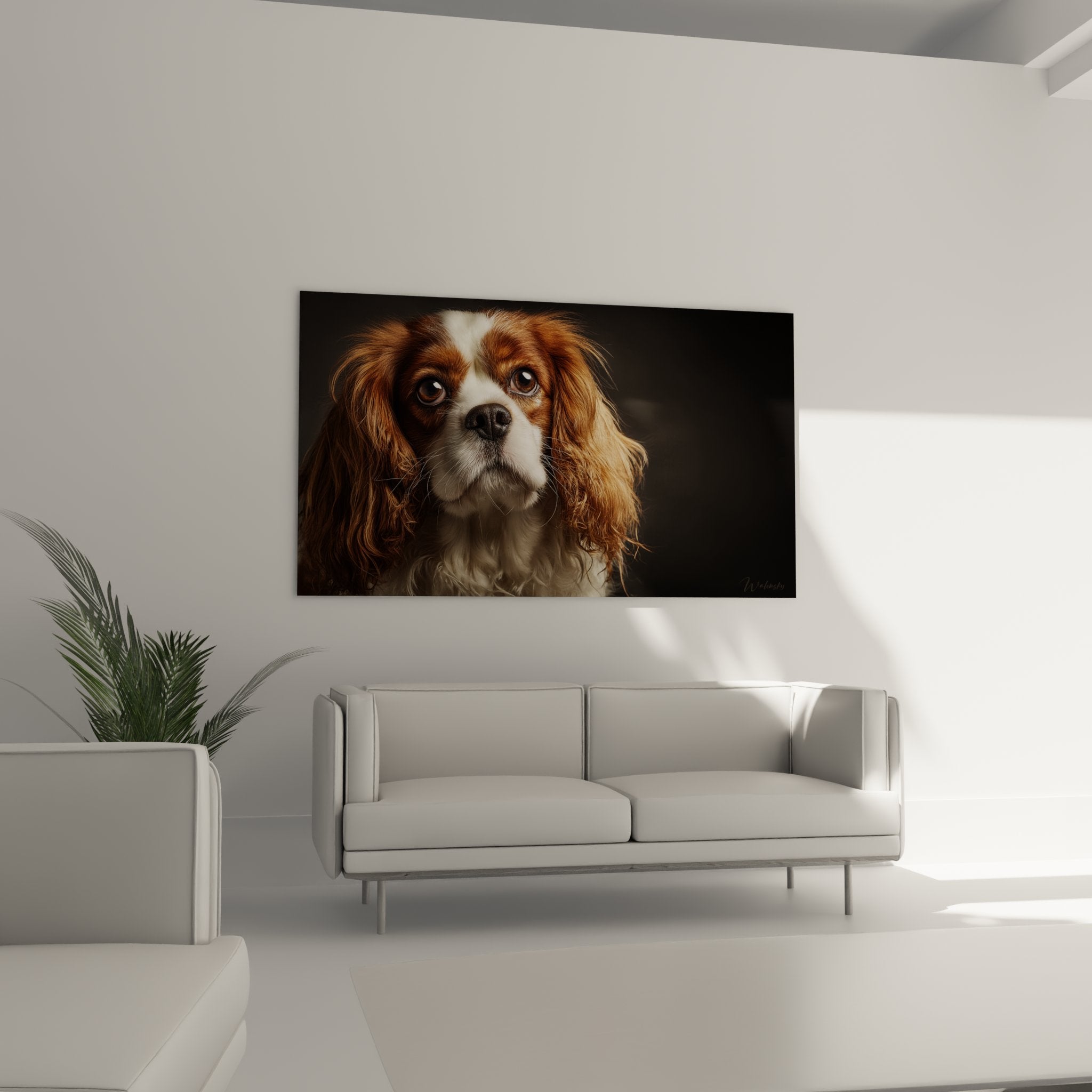 Détail portrait Cavalier King Charles yeux bruns expressifs pelage cuivré texture réaliste tableau artistique