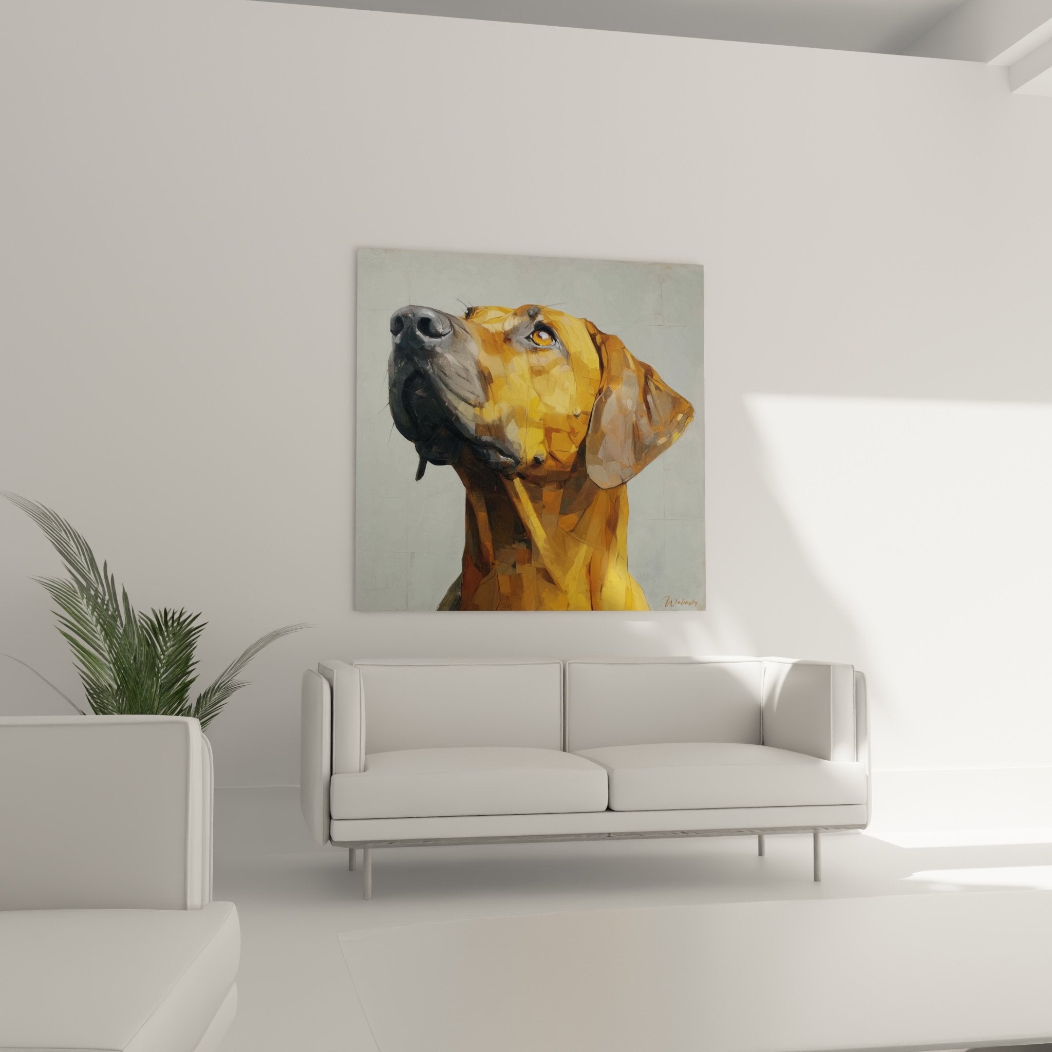 Détail portrait chien fauve technique facettes géométriques pelage doré truffe noire art moderne