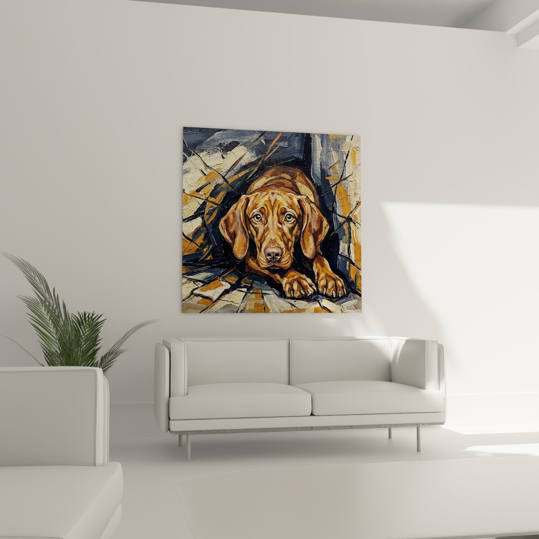 Detail peinture chien vizsla regard expressif yeux ambre technique empâtement texture relief