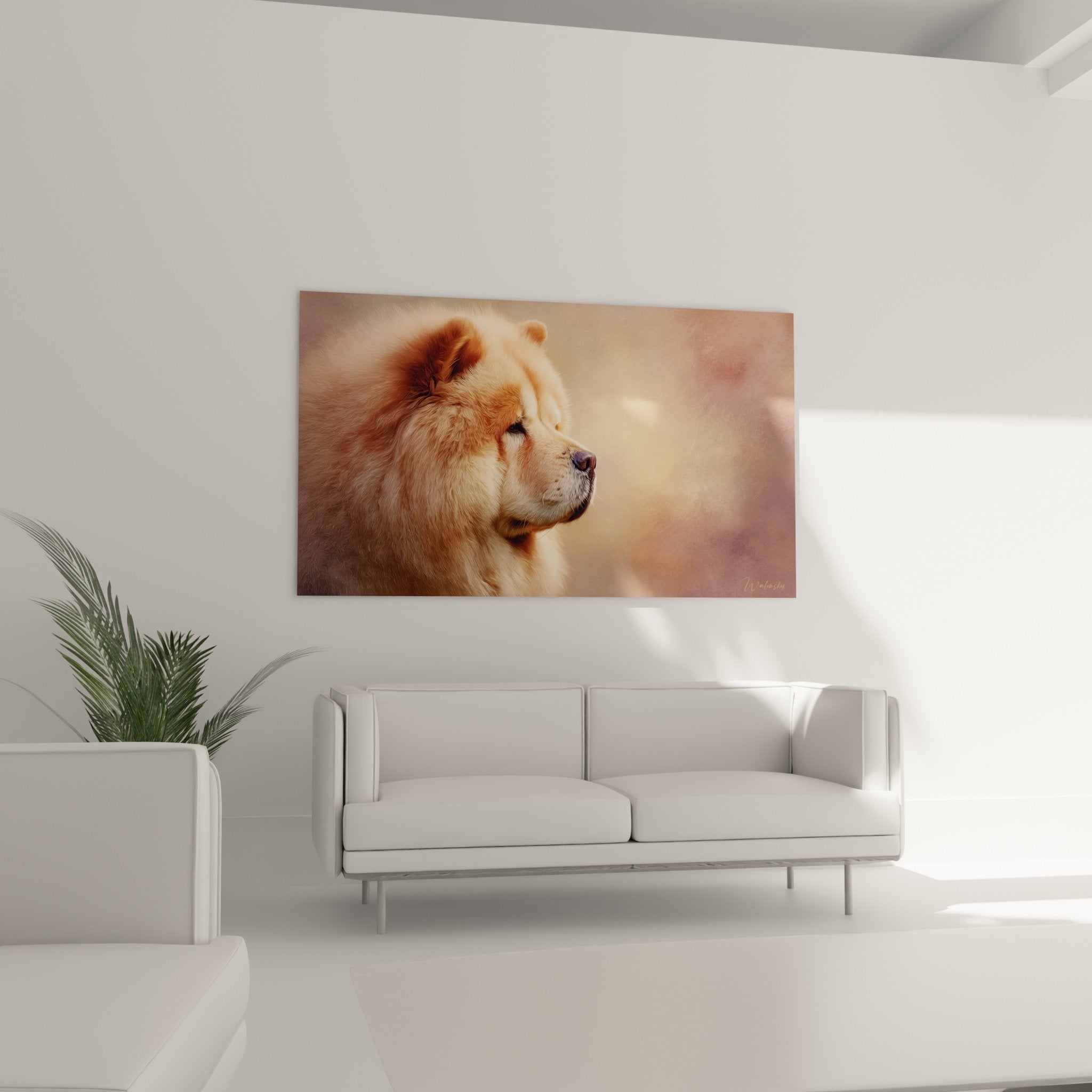 Détail portrait Chow Chow pelage crème texture artistique nuances dorées beiges rendu réaliste œuvre murale