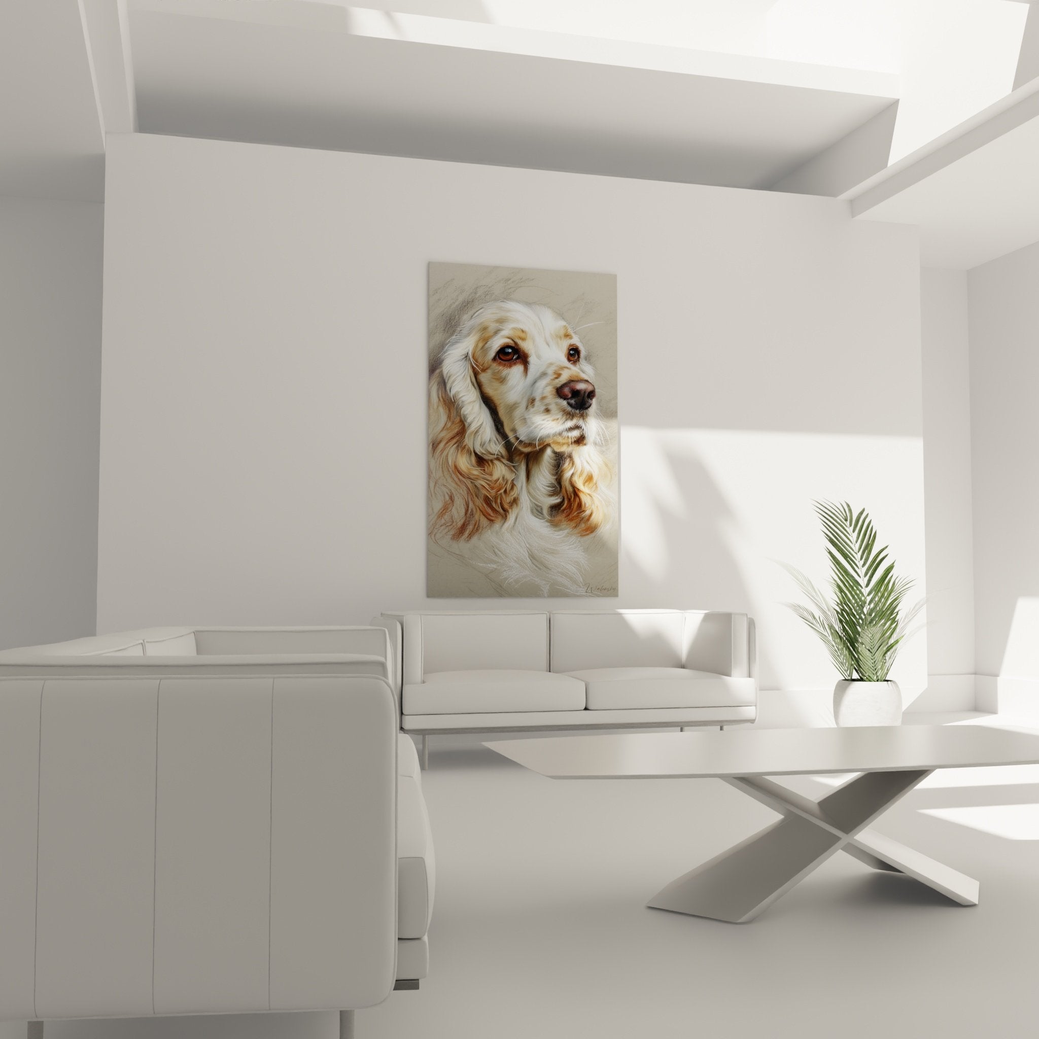 Détail rapproché portrait Cocker Americain montrant pelage ondulé doré et yeux bruns expressifs