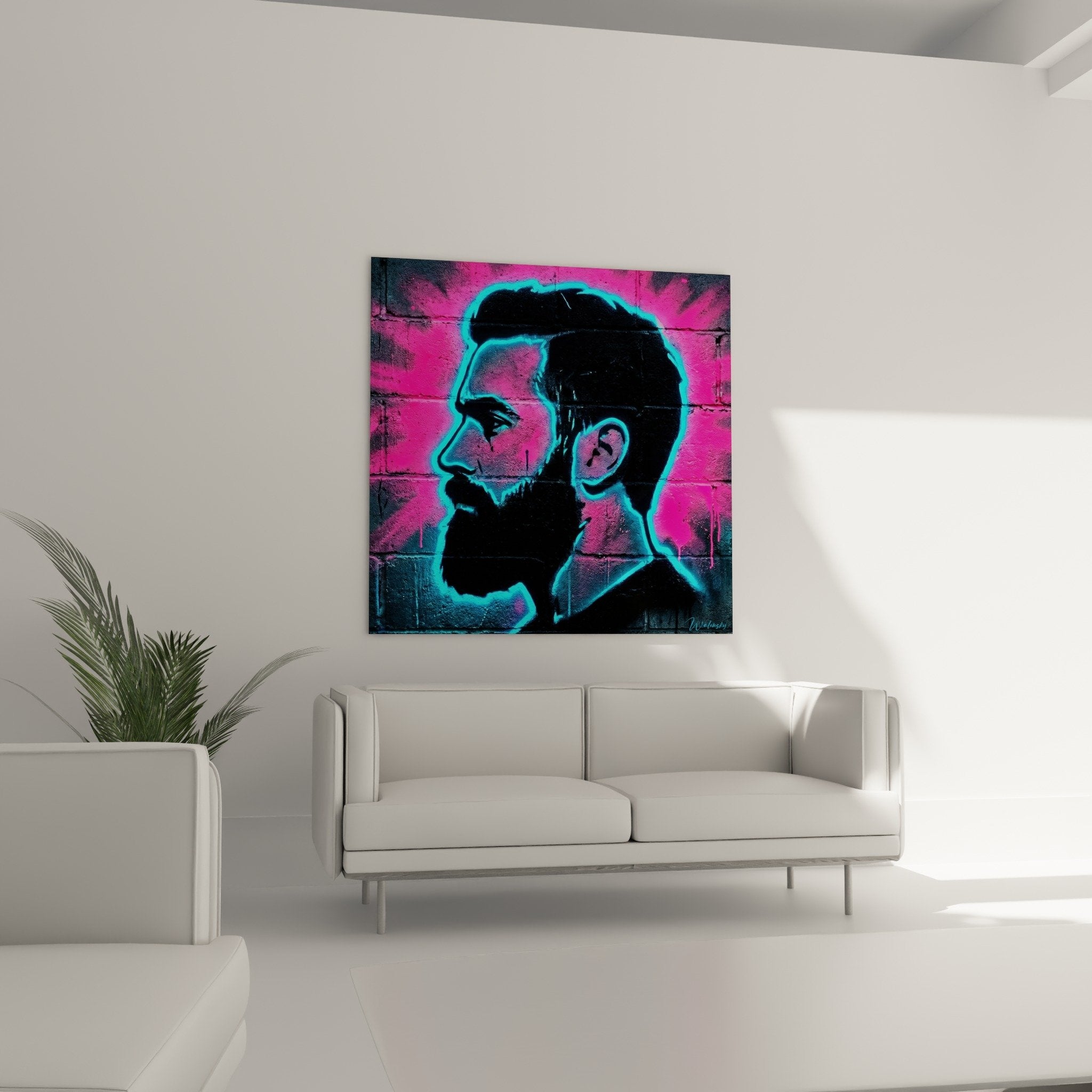 Detailporträt Mann mit leuchtenden türkisfarbenen Konturen Neon-Effekt Street Art rosa Backsteine