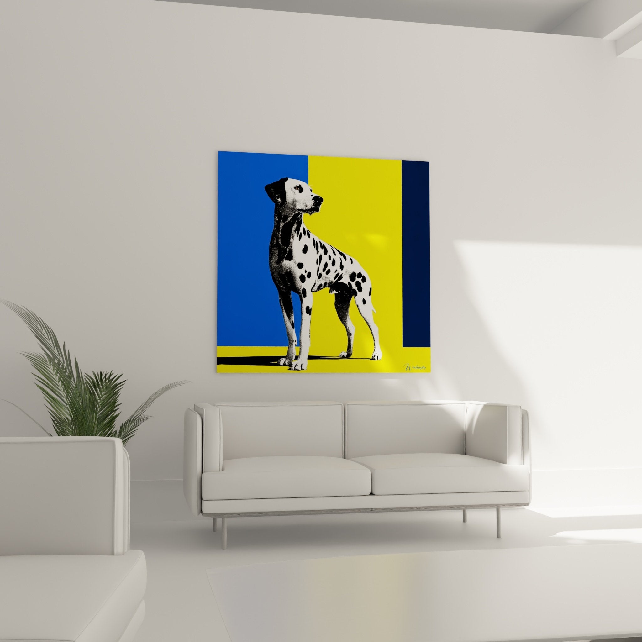Détail portrait dalmatien style pop art, traitement graphique noir blanc jaune bleu
