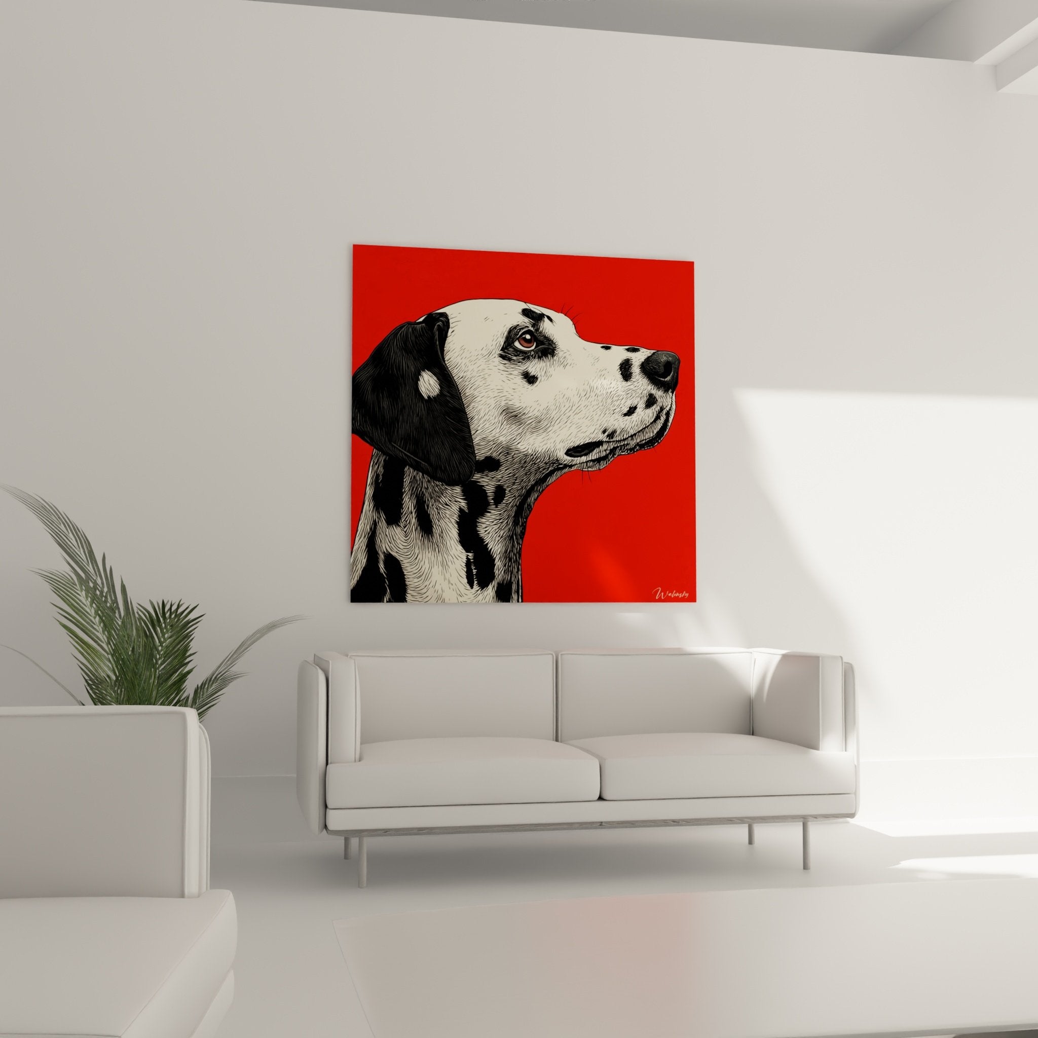 Dalmatian portrait detail red background, high definition graphic quality, contemplative and gentle canine expression