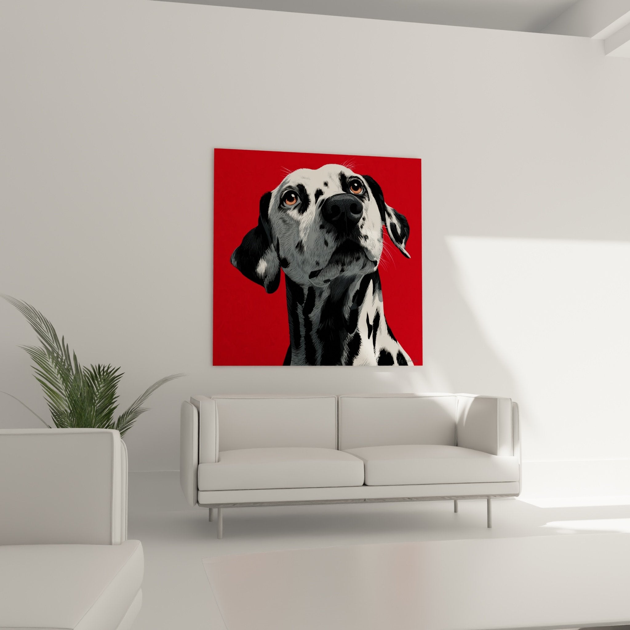 Détail du portrait dalmatien montrant les yeux ambrés expressifs et les taches noires sur pelage blanc