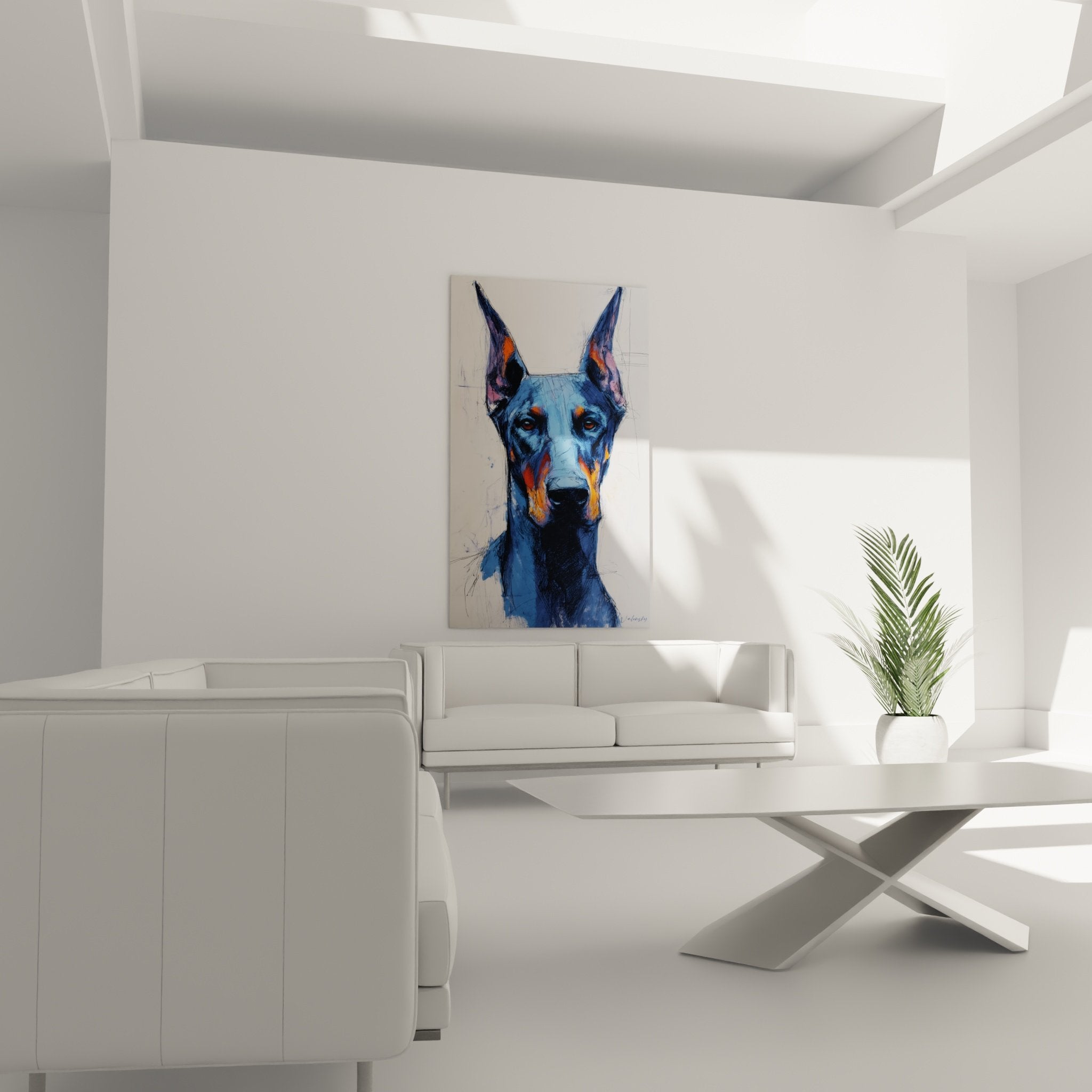 Détail rapproché du portrait de Doberman montrant les nuances bleues et touches orange du museau