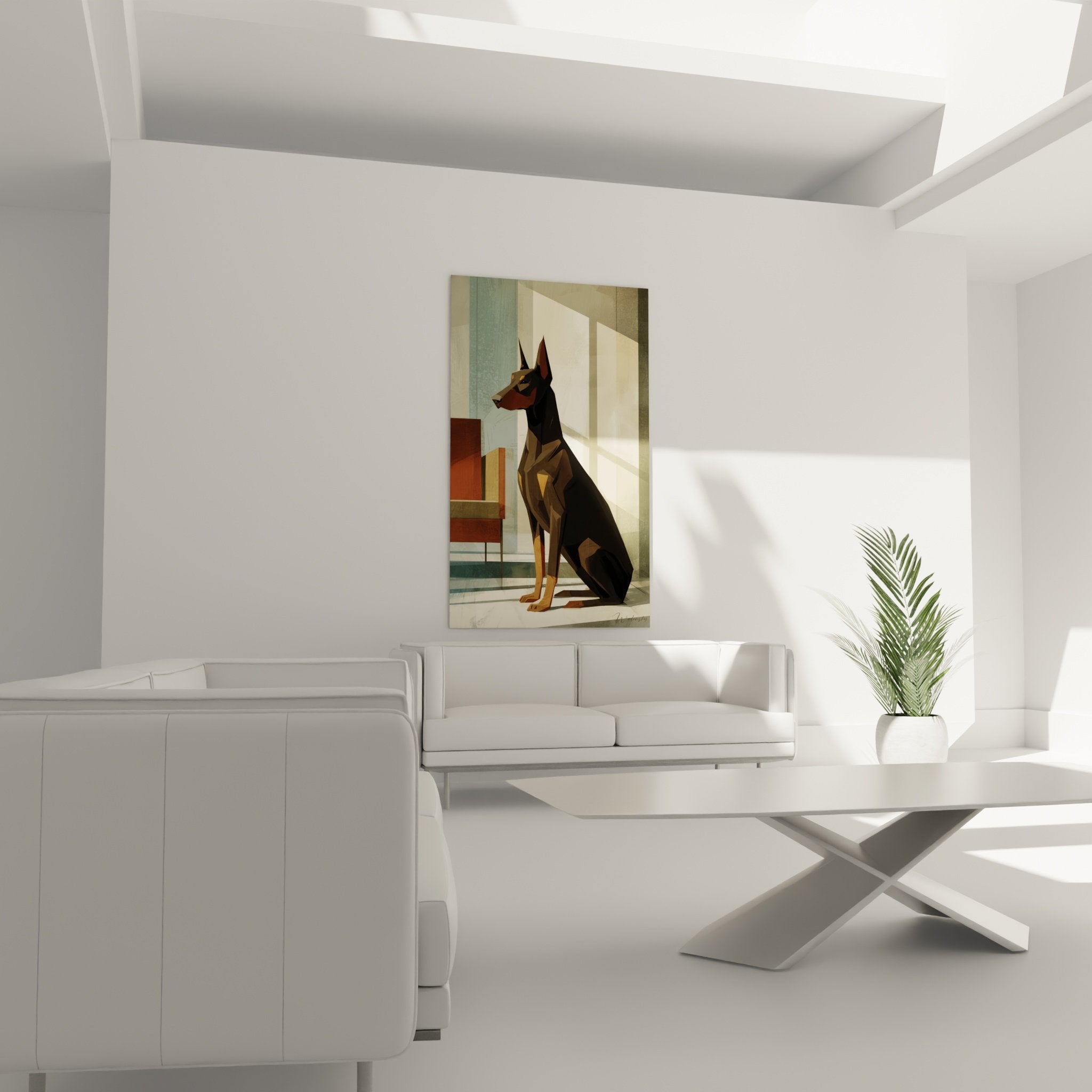 detail portrait doberman facettes geometriques pelage noir tan technique artistique moderne gros plan