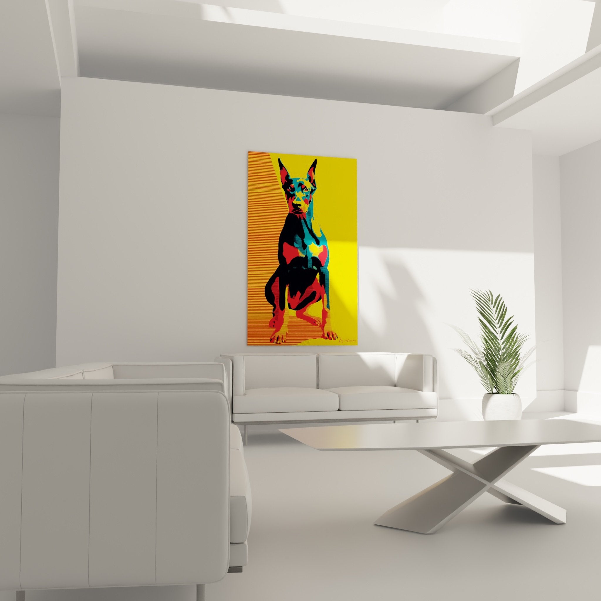 Detail des Pop-Art-Doberman-Porträts mit farbigen Facetten und geometrischer Technik