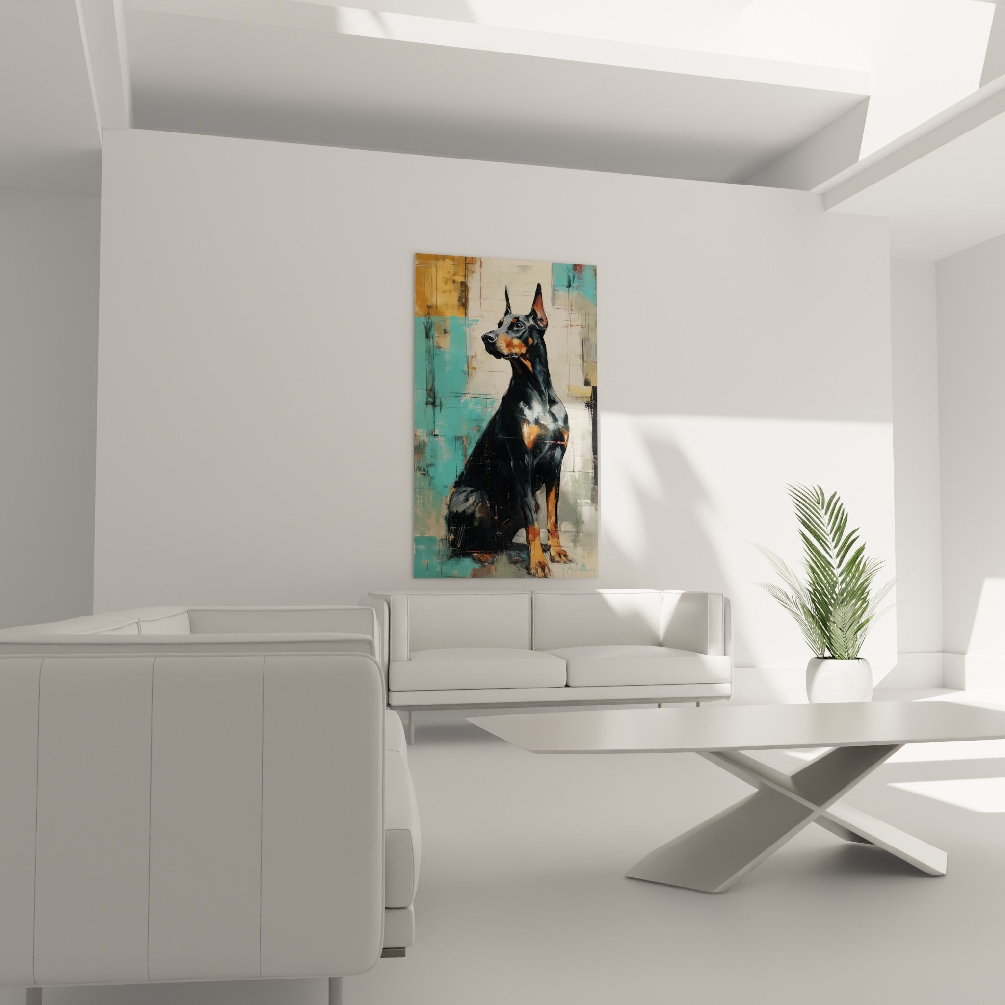 Dettaglio ritratto Doberman che mostra il contrasto del mantello nero e dello sfondo turchese astratto