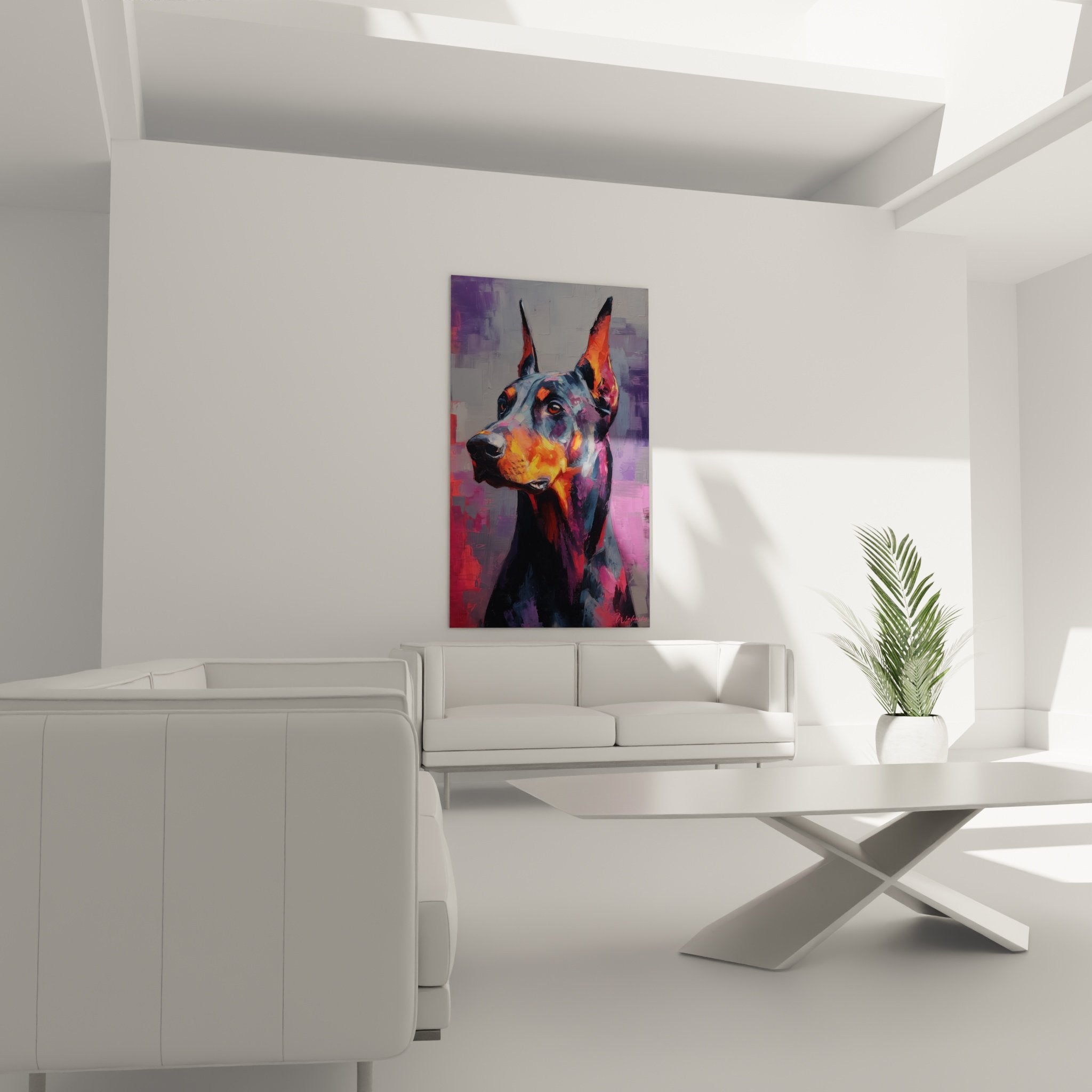 Détail rapproché portrait Doberman artistique, touches de peinture orangées et violettes expressives