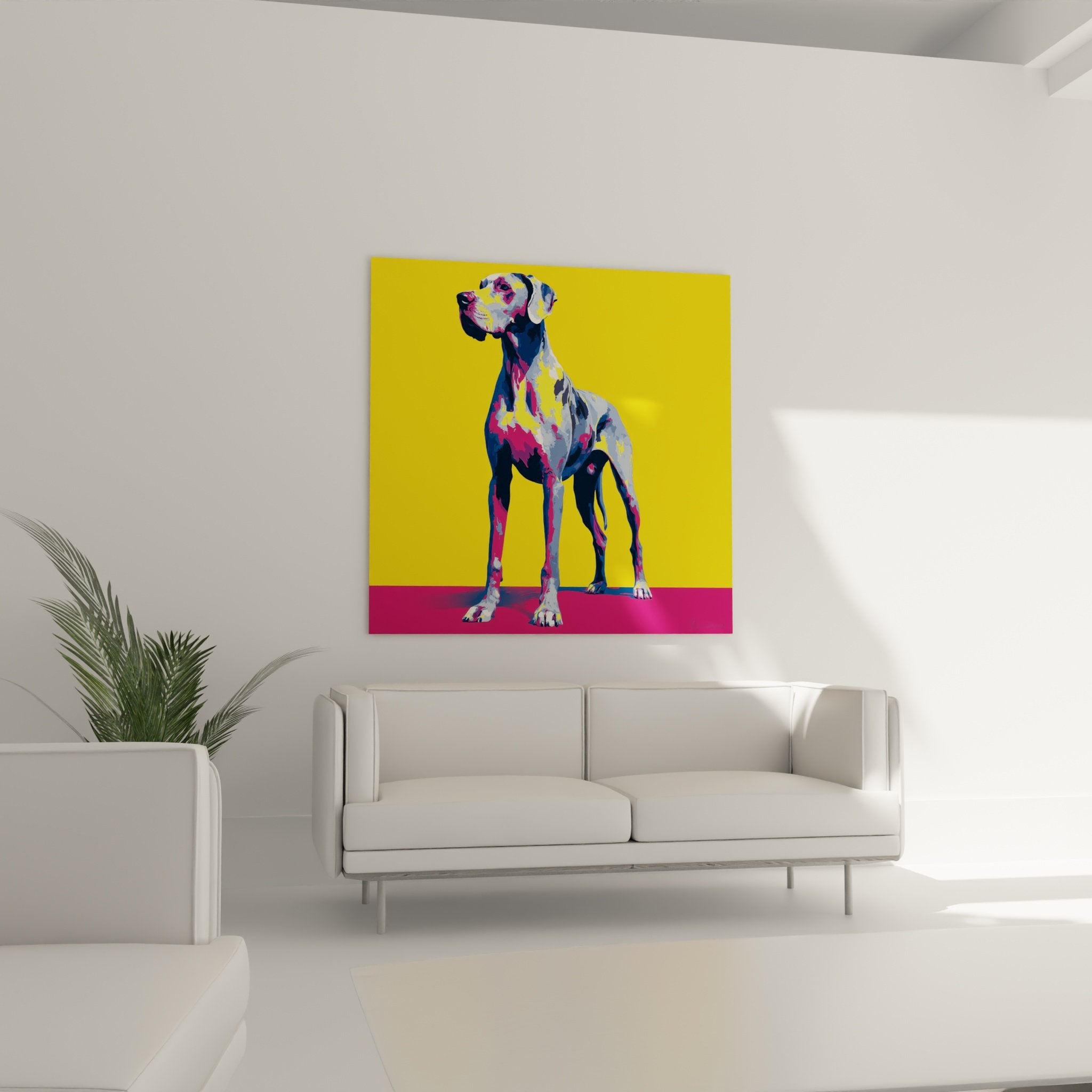 Detailporträt Deutsche Dogge lebendige Farben Rosa Blau Grau Pop-Art-Technik
