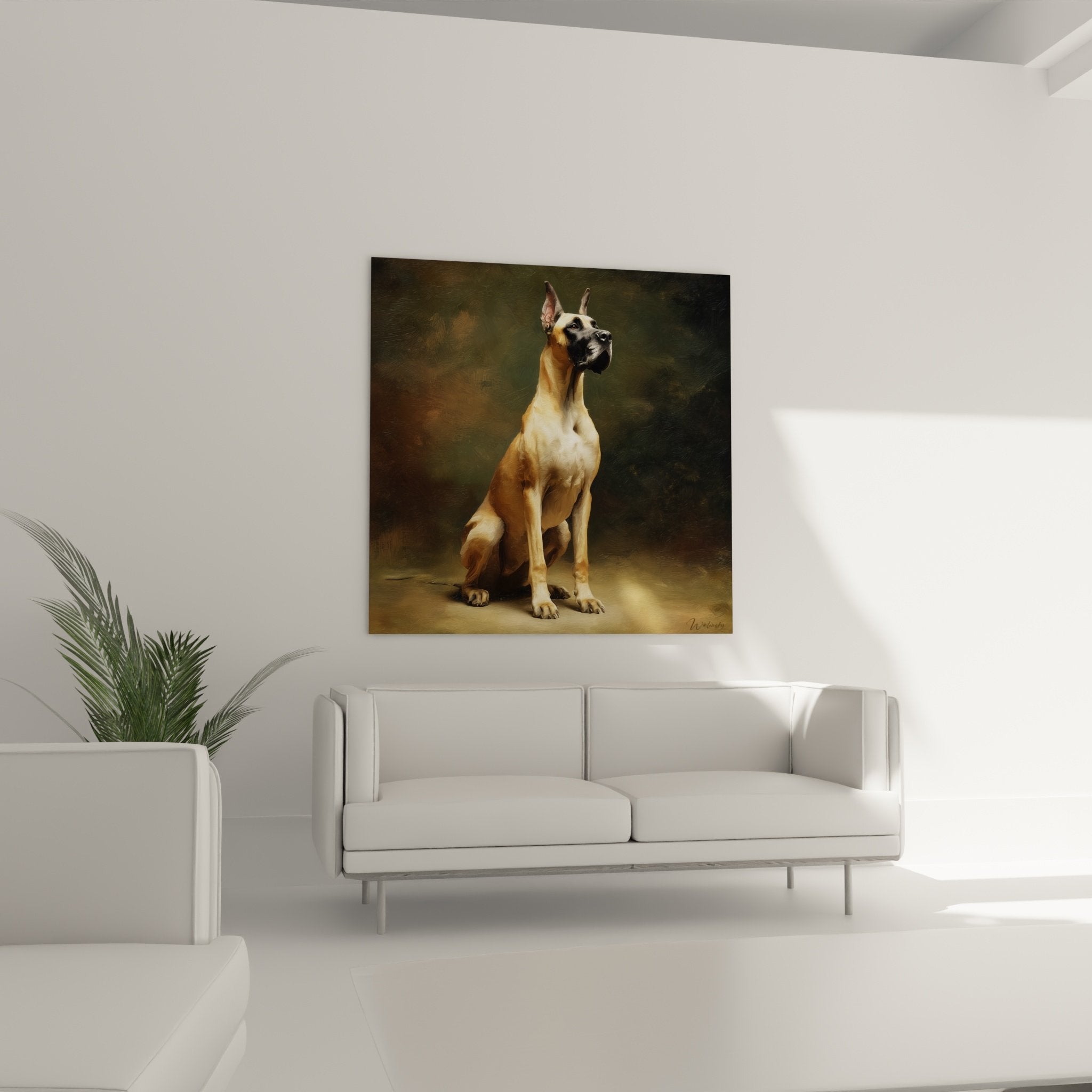 Detailporträt Deutsche Dogge rehbraunes goldenes Fell edle Ausdruck selbstbewusstes Blick realistische Maltechnik Hundekunst