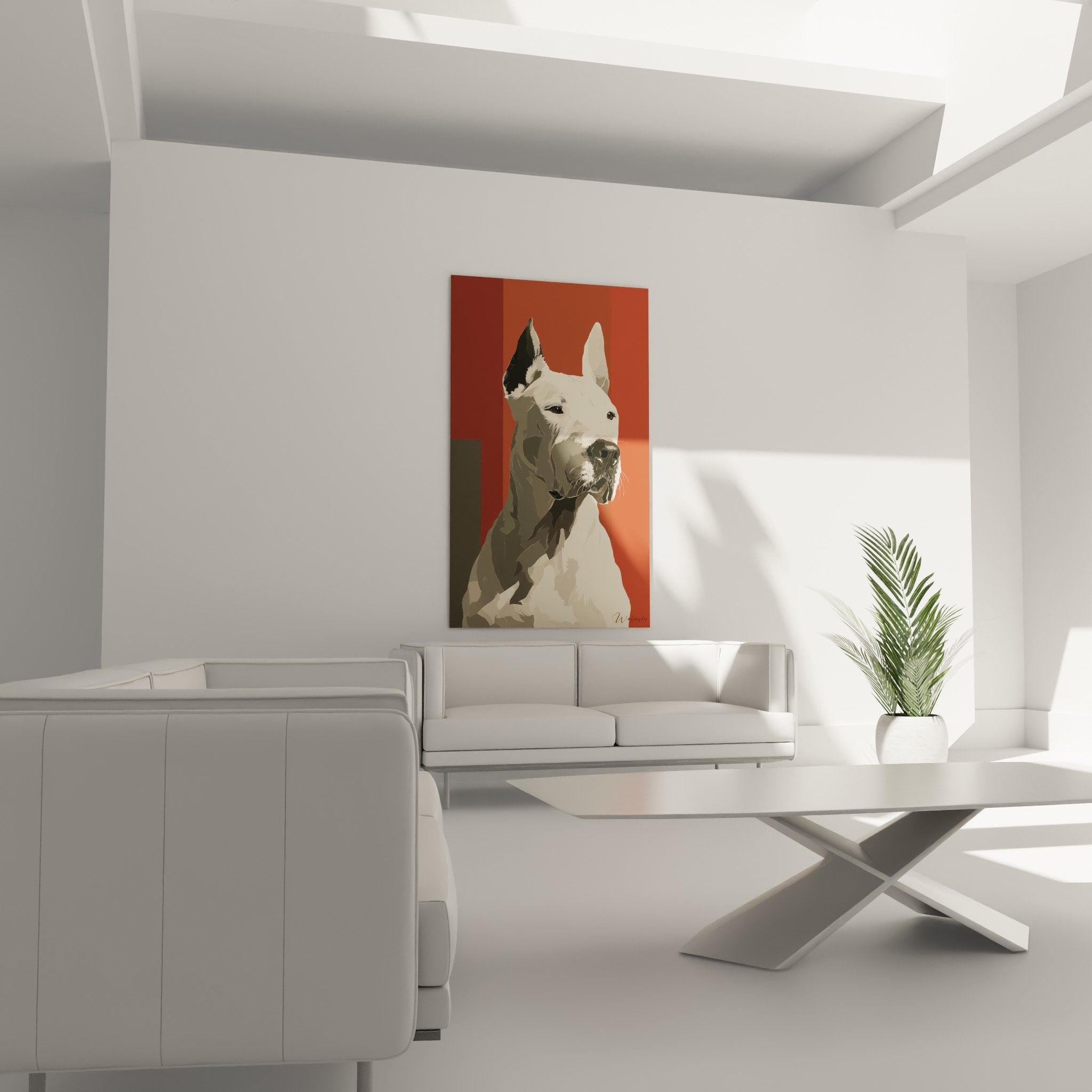 Detail portrait dogue argentin yeux expressifs pelage blanc ombres grises art contemporain