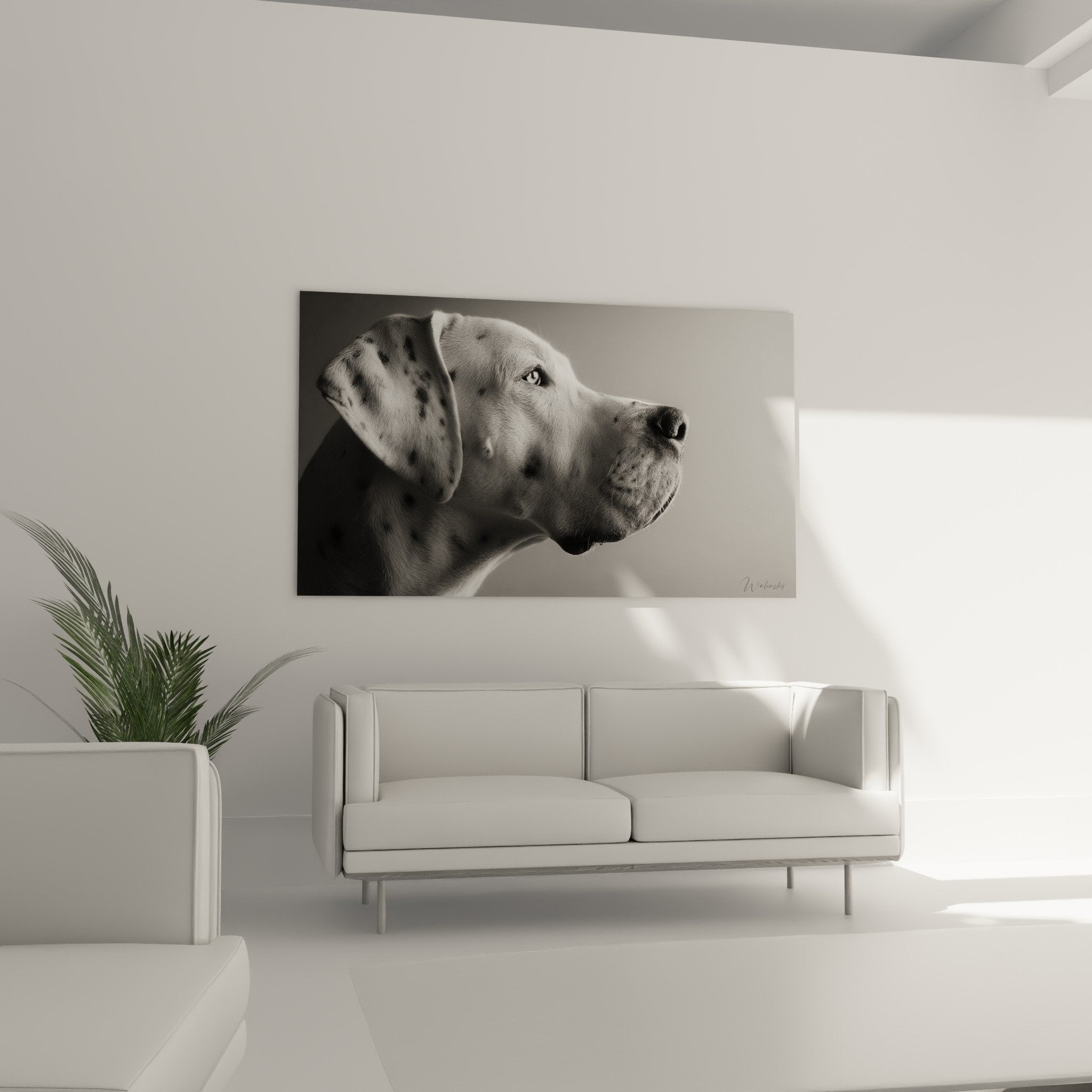 Détail du portrait monochrome montrant l'expression sereine et noble du Dogue Argentin