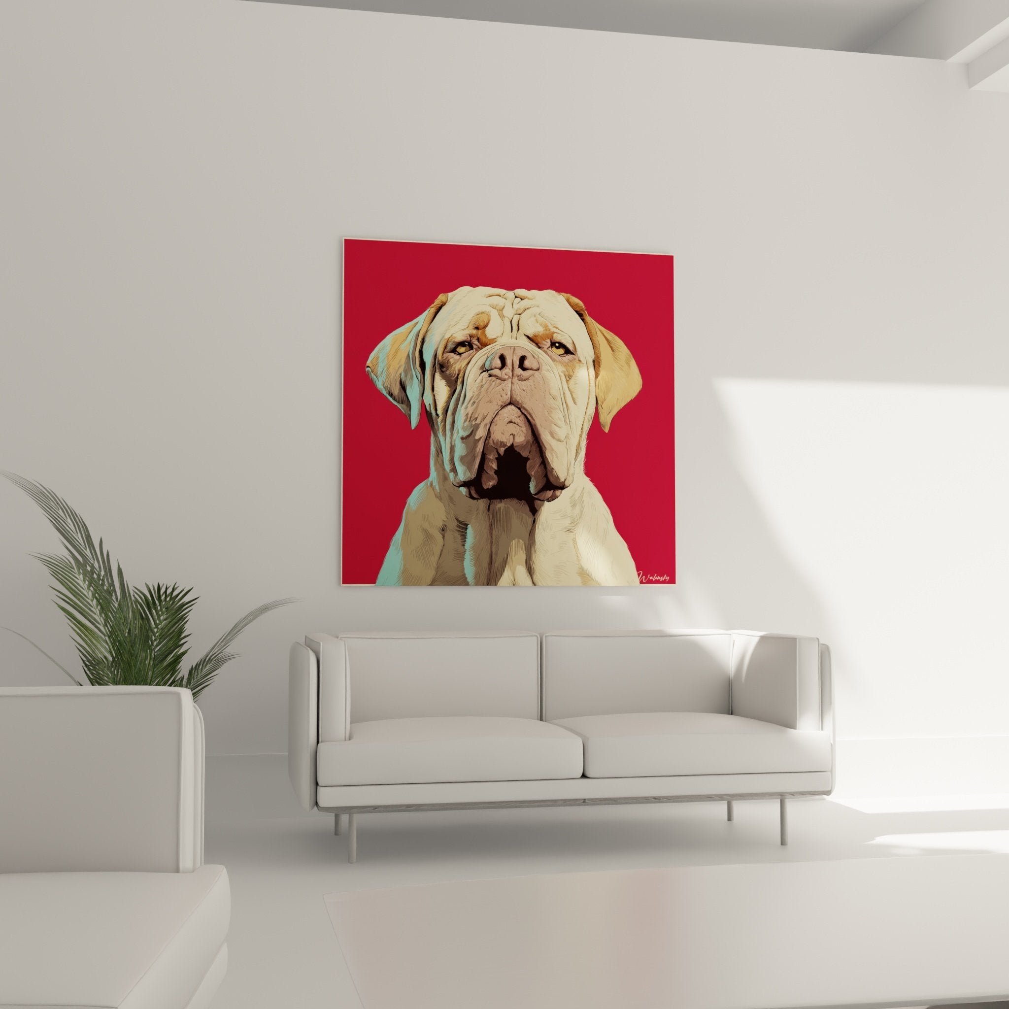 Détail du portrait Dogue de Bordeaux montrant expression intense et technique artistique moderne