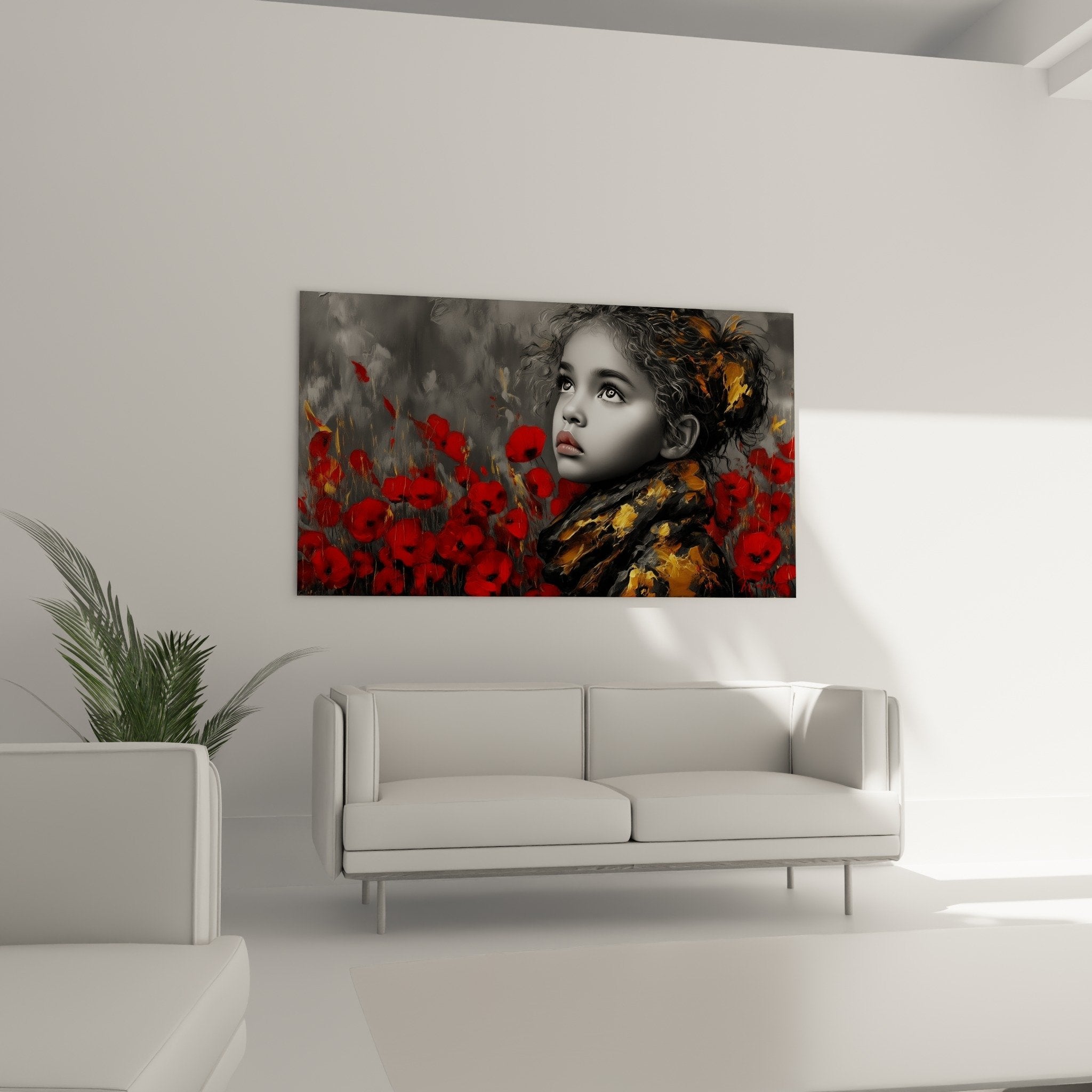 Detail Porträttafel Kind Schwarzweiß mit scharlachroten Mohnblumen und goldenen Reflexen in lockigem Haar