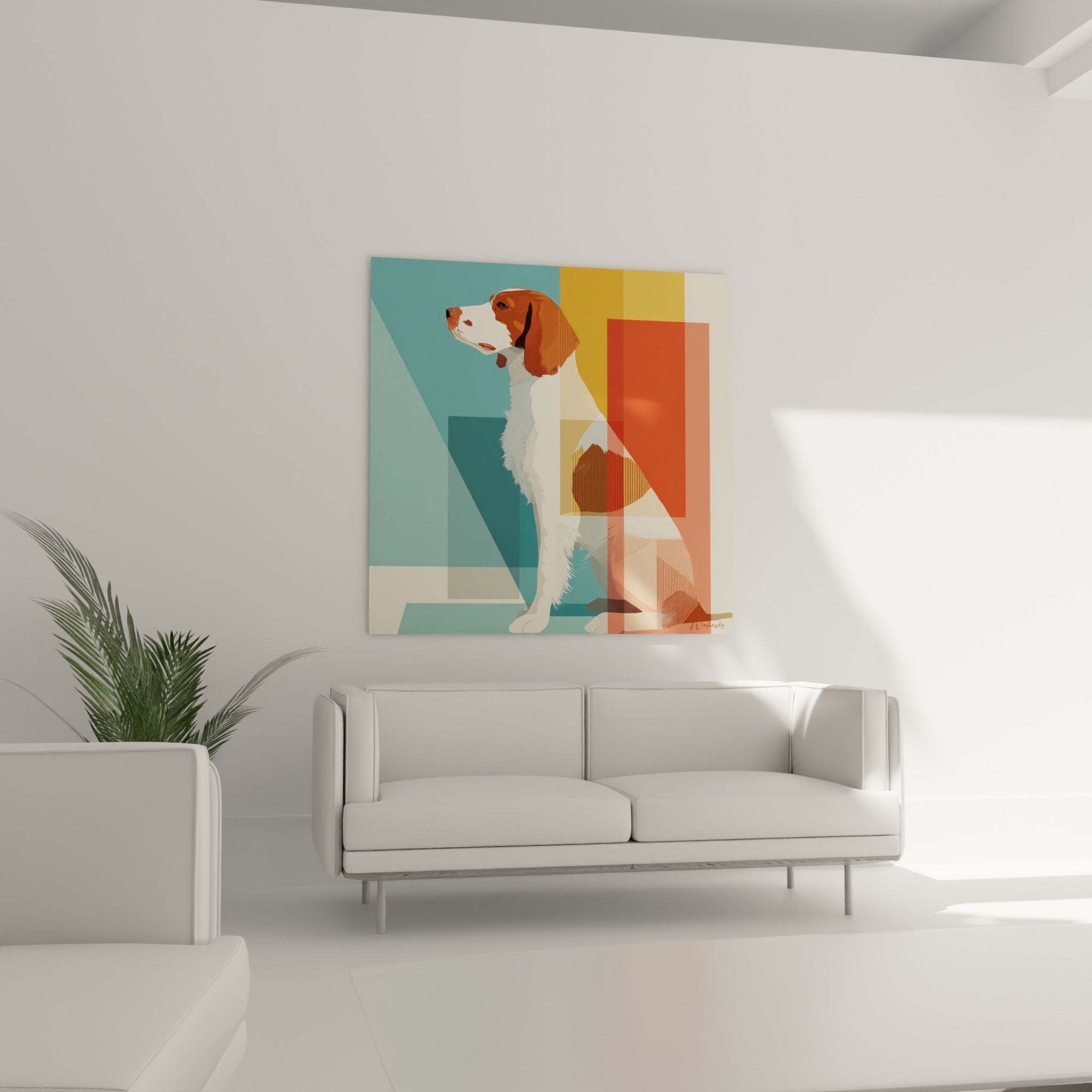 Dettaglio quadro Spaniel Bretone ritratto realistico mantello bianco rosso, forme geometriche colorate sfondo