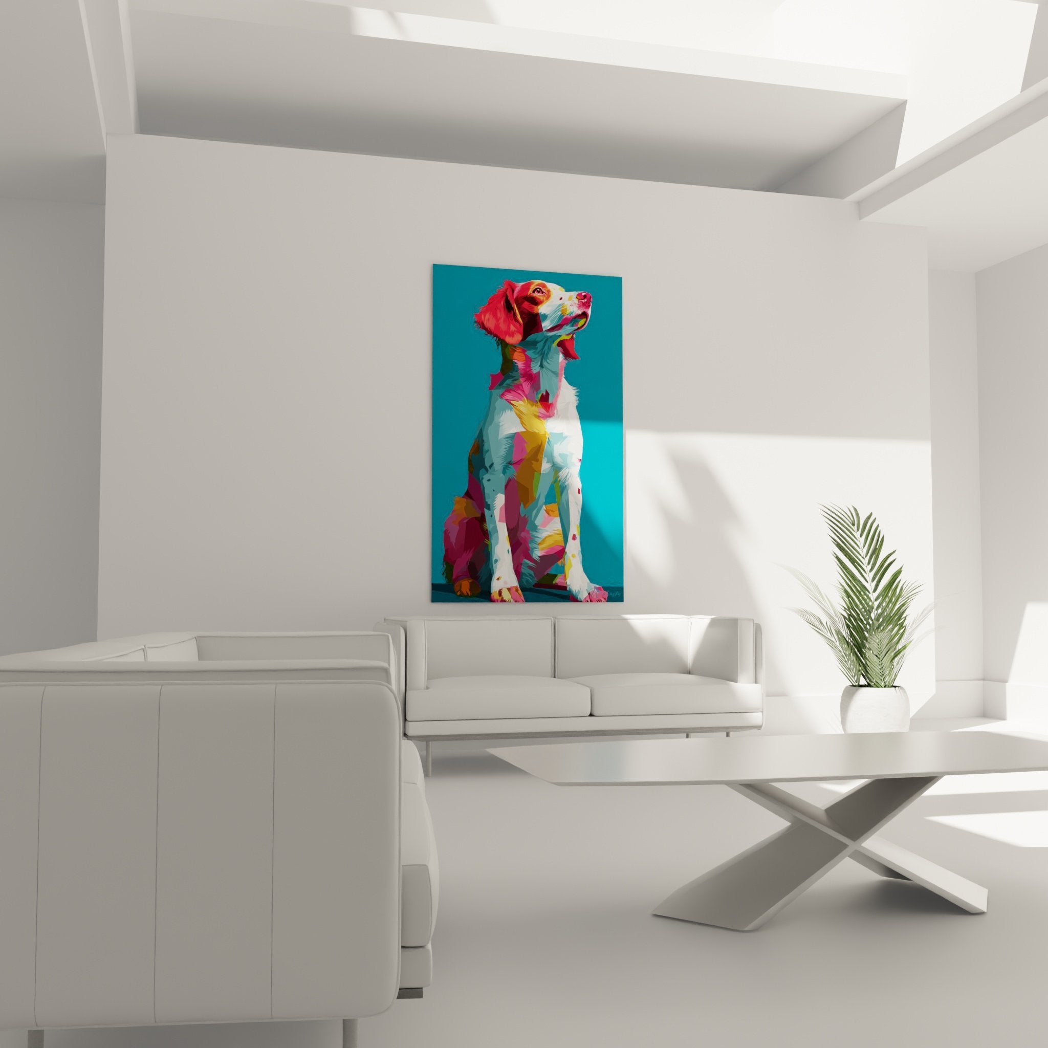 Detail rapproche tableau Epagneul Breton, facettes colorees rouge orange rose violet sur toile