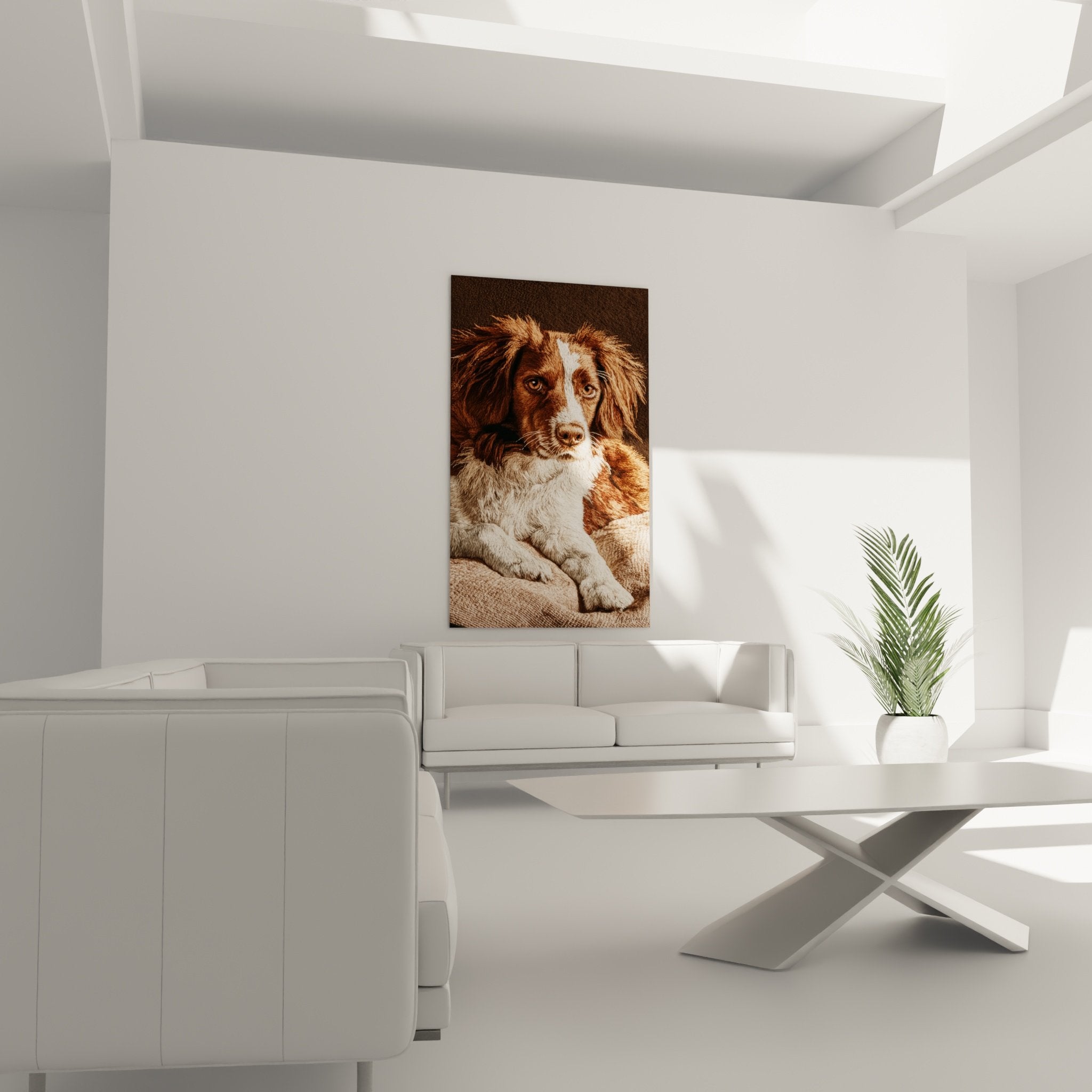 Détail portrait épagneul breton pelage roux yeux ambrés expressifs style réaliste art canin