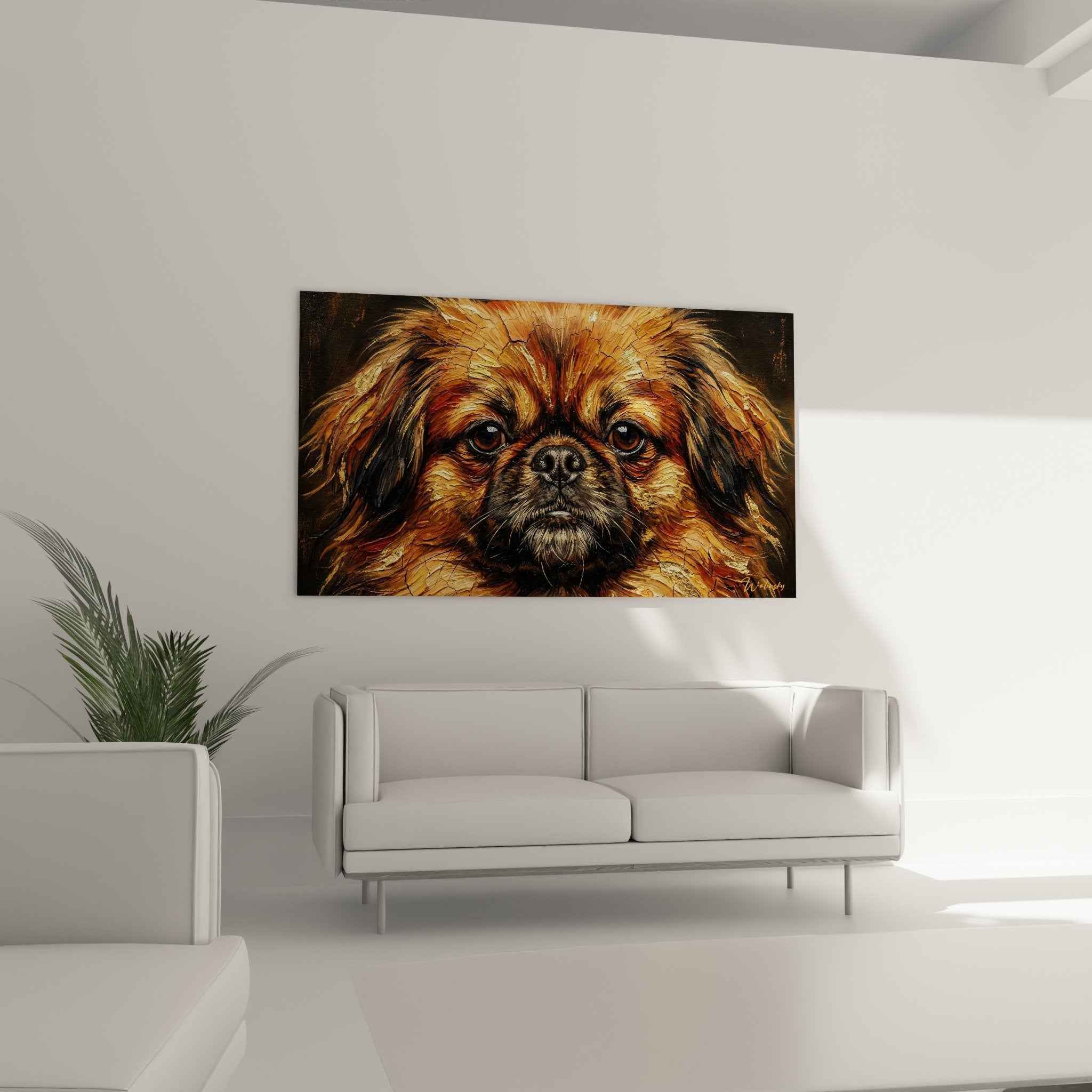 Dettaglio ritratto Spaniel Giapponese riflessi dorati mantello texture pittura occhi espressivi tecnica artistica