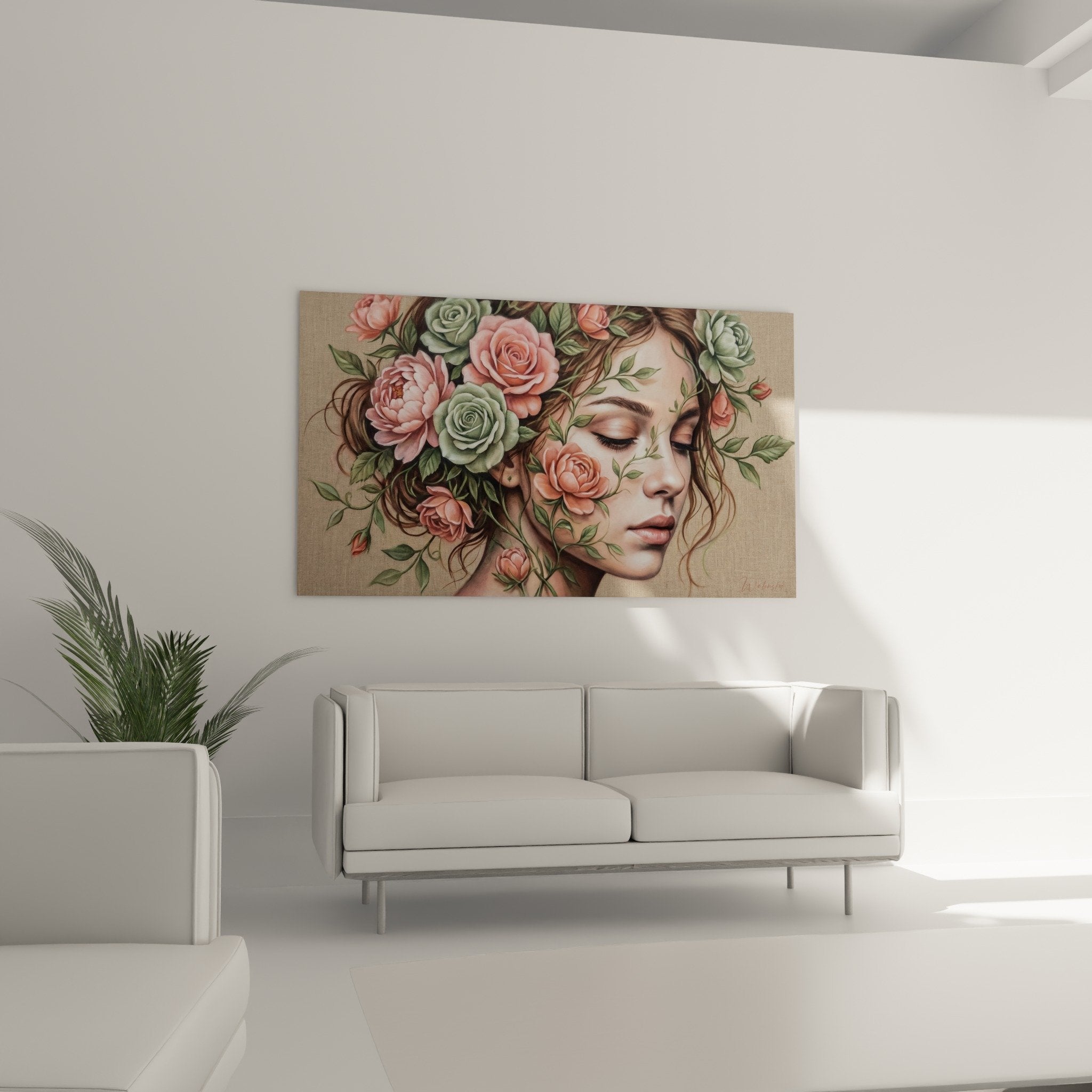 Detailporträt Street Art Frau gelassen mit pudrigen Rosen und grünem Laubwerk