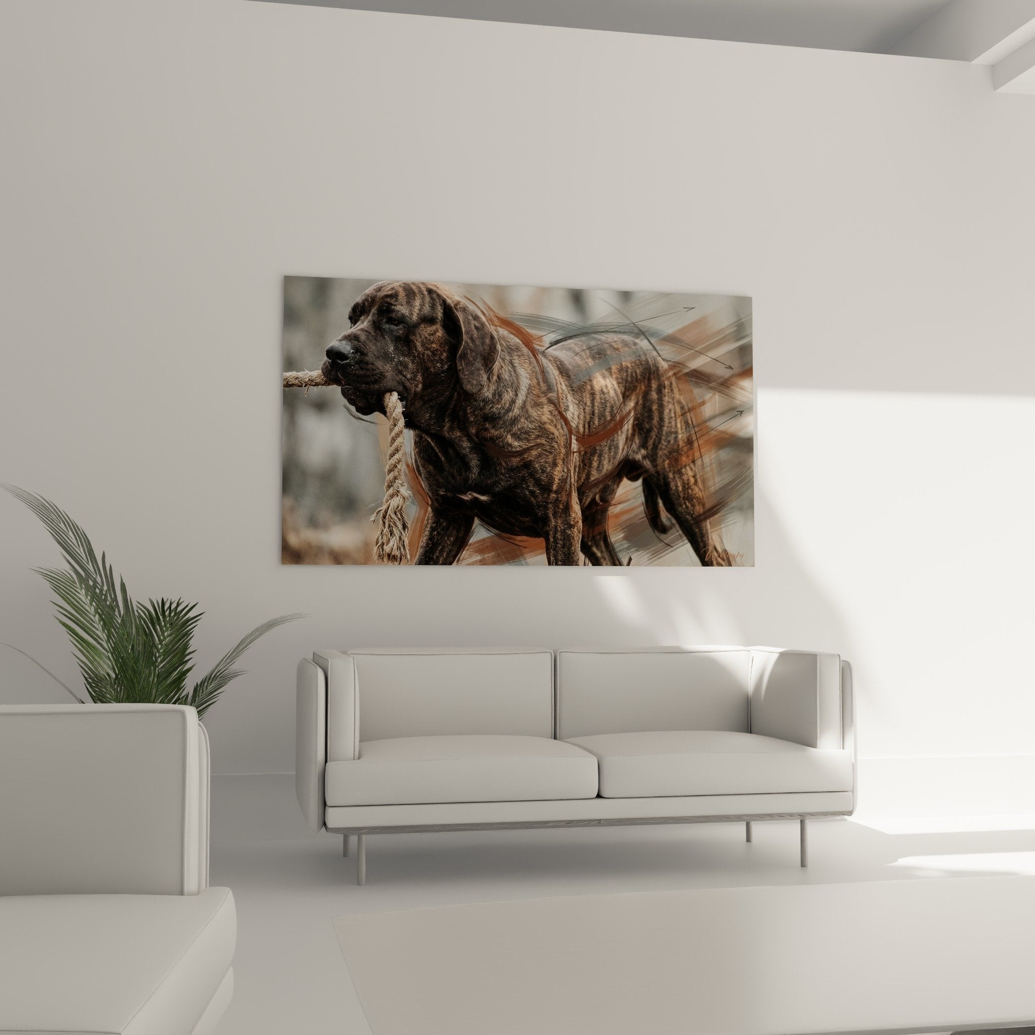 Close-up detail portrait of brindle Fila Brasileiro showing coat texture and focused expression