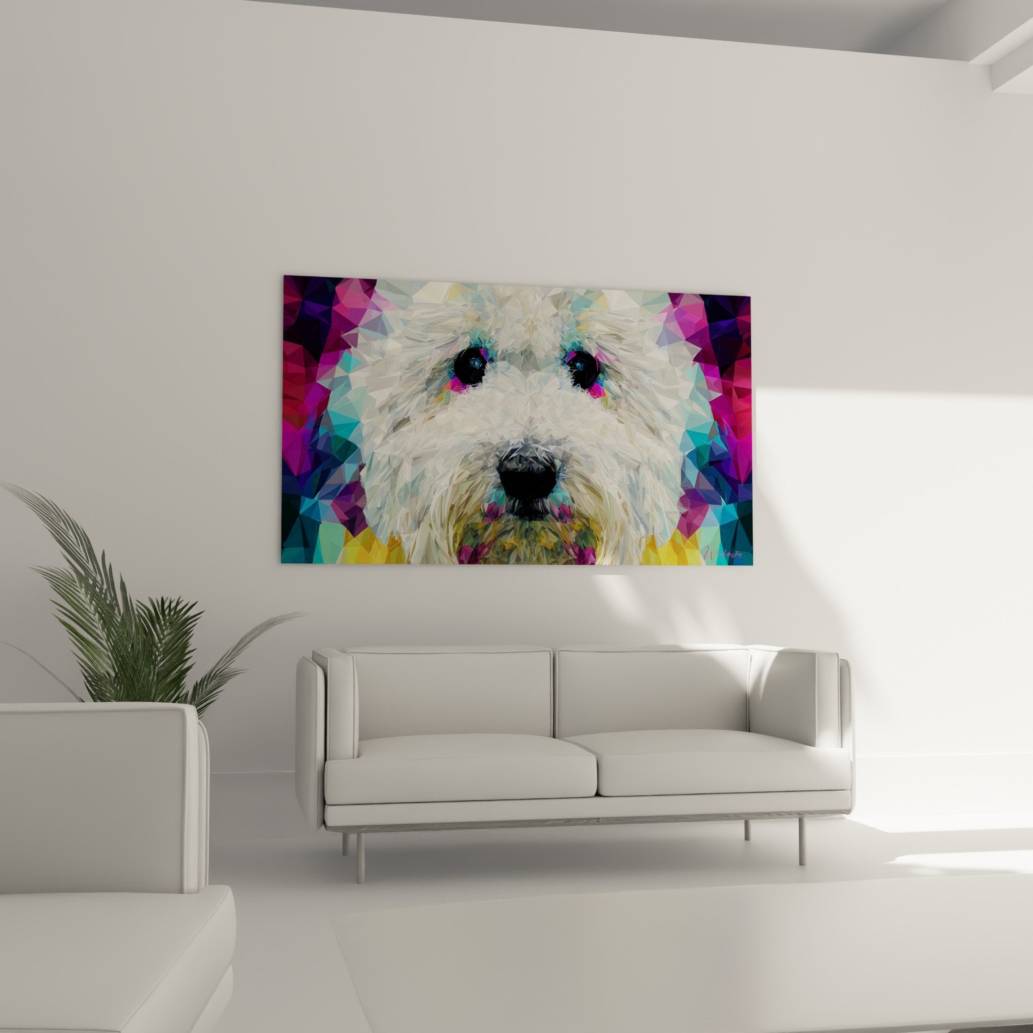 Détail gros plan portrait géométrique chien blanc technique polygonale couleurs vives