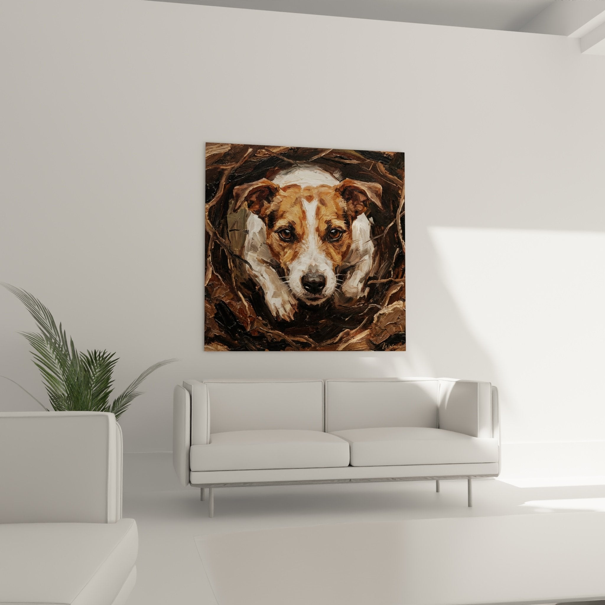 Detail portrait Jack Russell Terrier dog painting textured brushstrokes expressive melancholic gaze