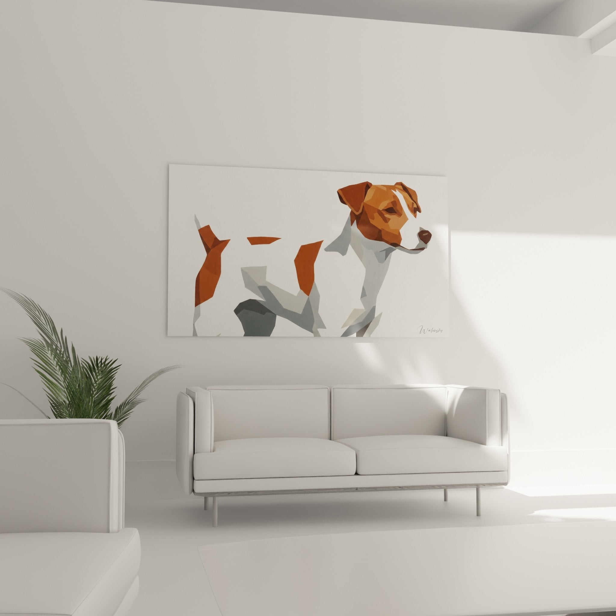 Détail tableau jack russel terrier facettes géométriques colorées roux orange blanc technique polygonale moderne