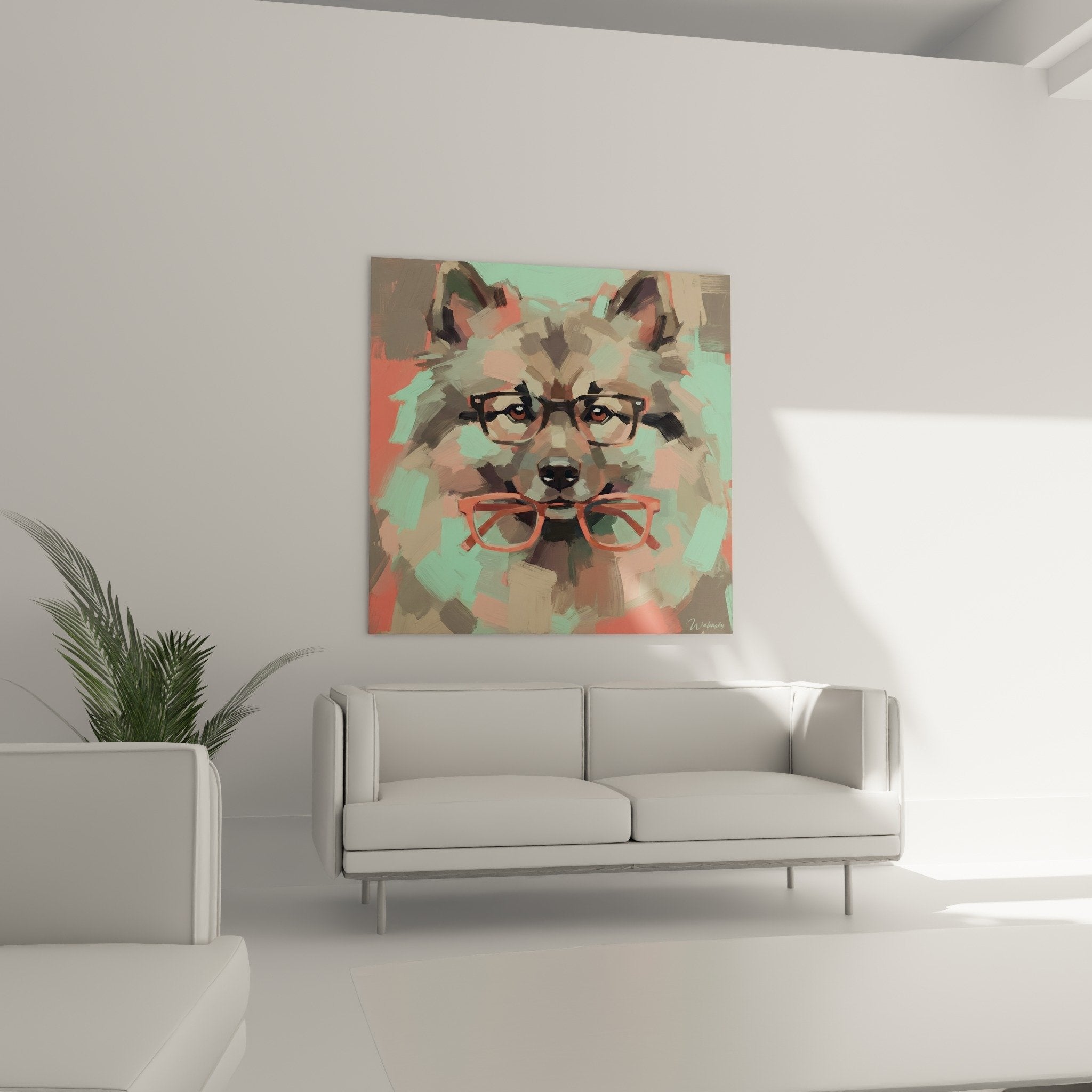 Détail portrait Keeshond lunettes, technique picturale touches expressives, couleurs menthe corail beige, art canin