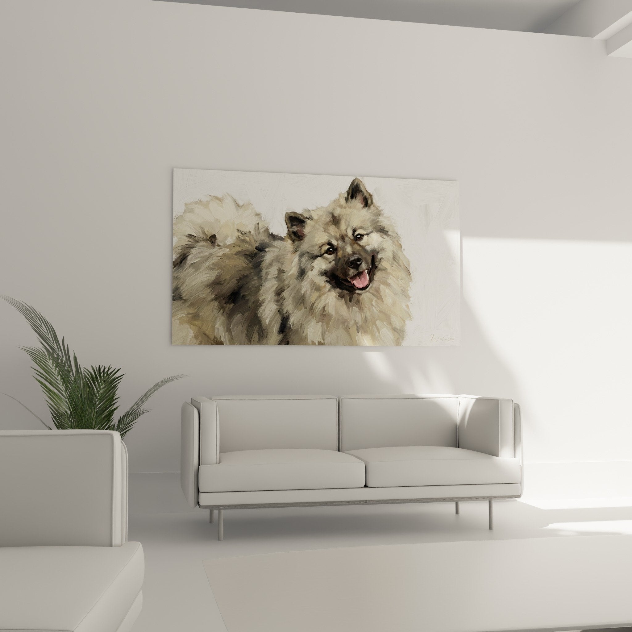 Détail portrait keeshond peinture expressive pelage beige brun yeux pétillants technique picturale