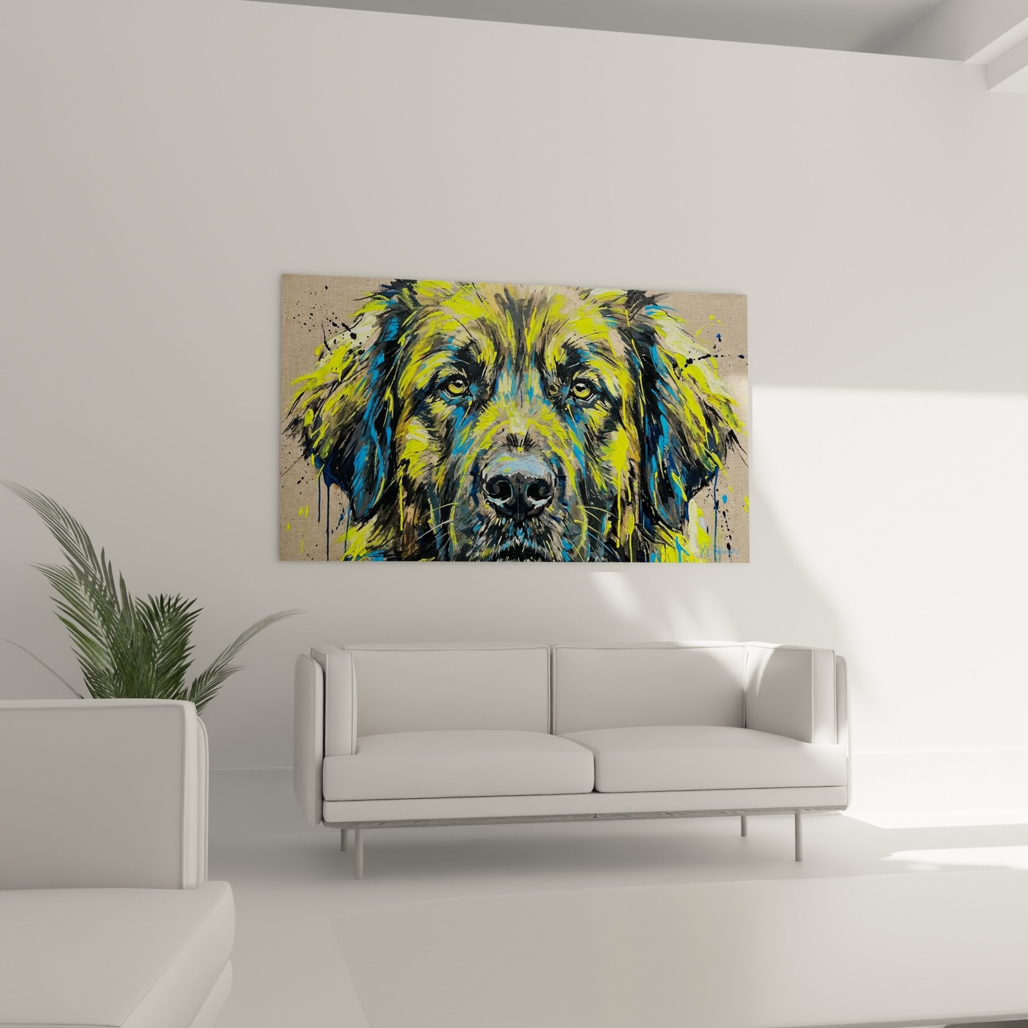 Détail portrait Leonberg peinture couleurs vives jaune bleu regard intense yeux dorés technique expressionniste