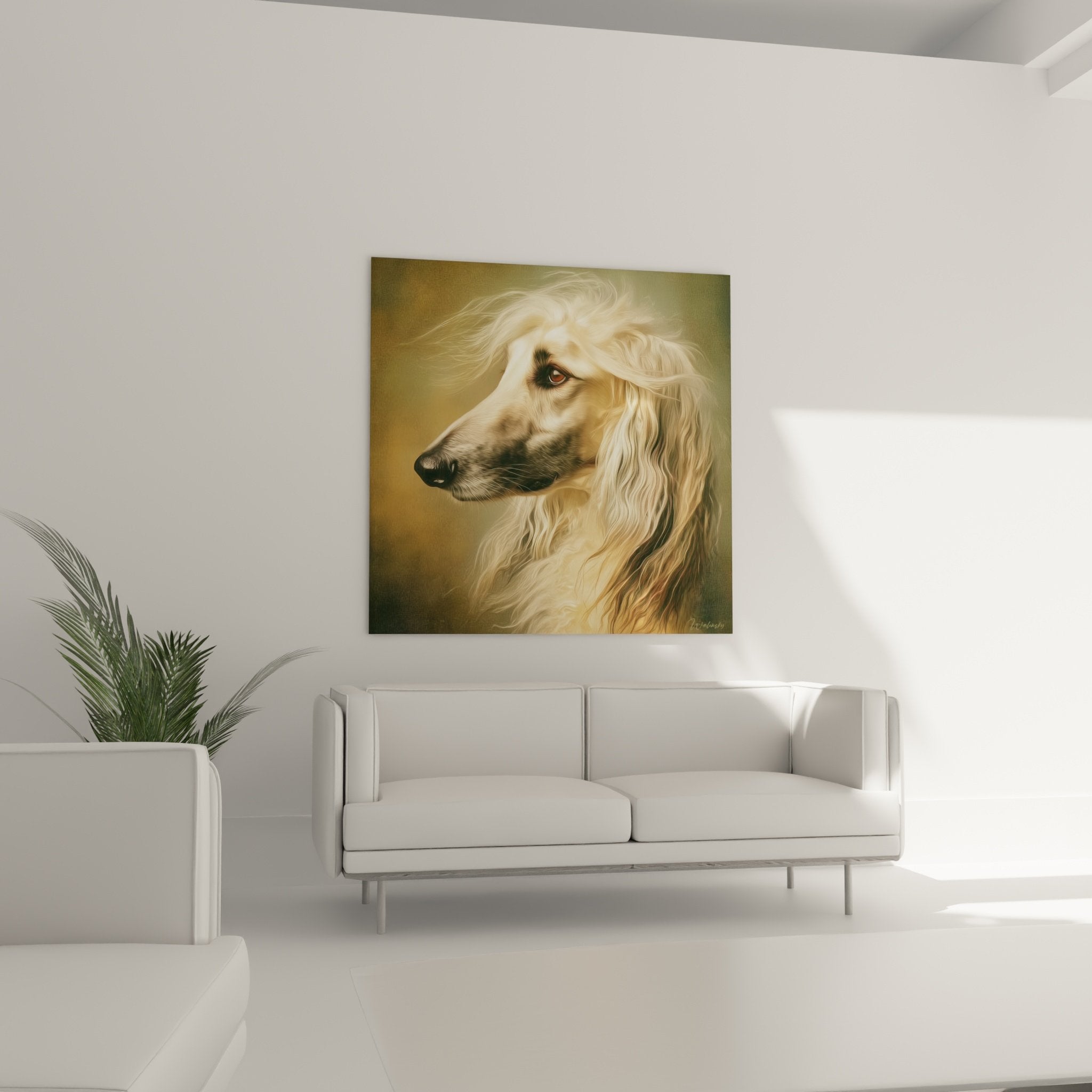 Detail portrait levrier afghan oeil ambre pelage dore ondulant texture poils soyeux art animalier realiste