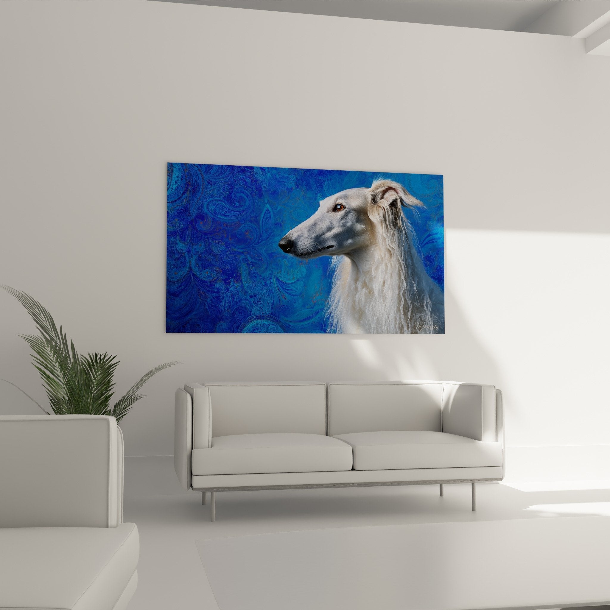 Détail du portrait lévrier montrant pelage blanc nacré yeux ambrés et arrière-plan bleu motifs ornementaux