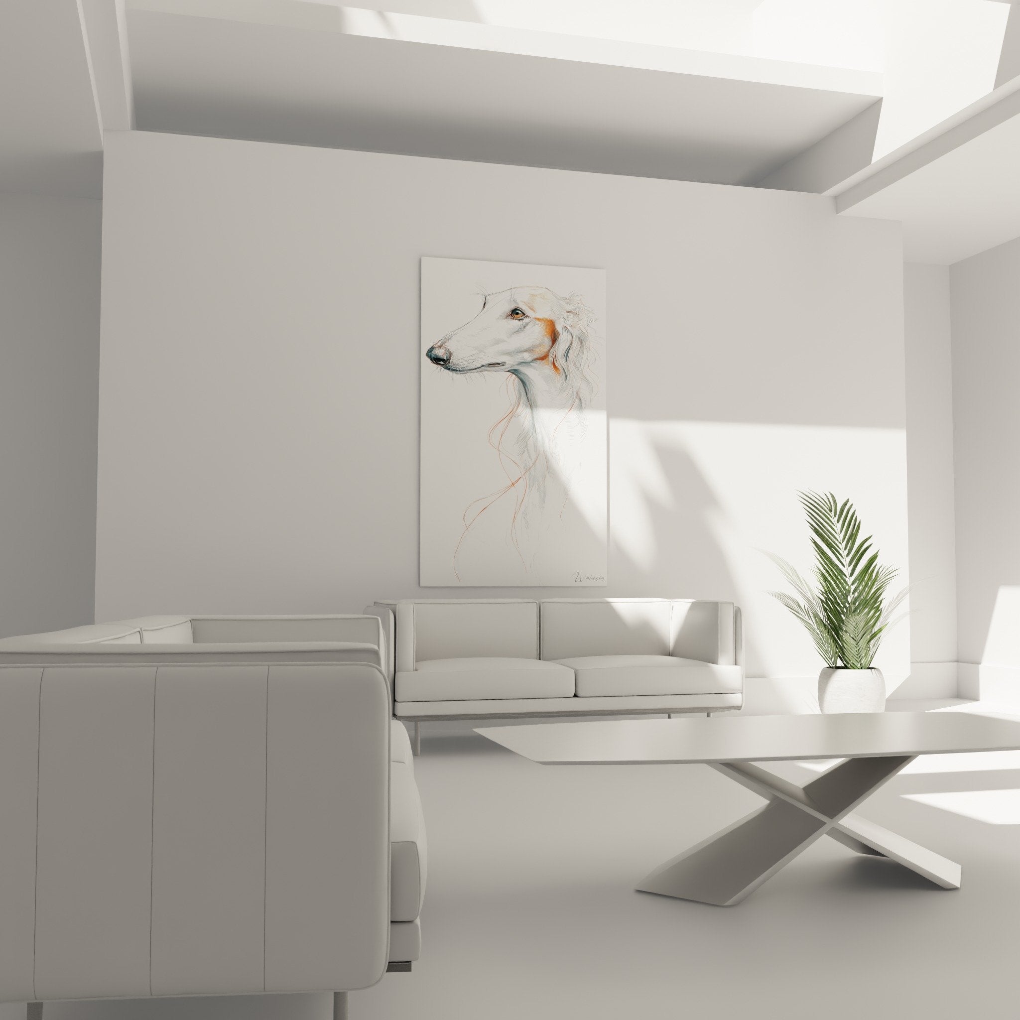 Détail portrait lévrier blanc nuances orange, technique dessin fine et délicate, art canin de qualité