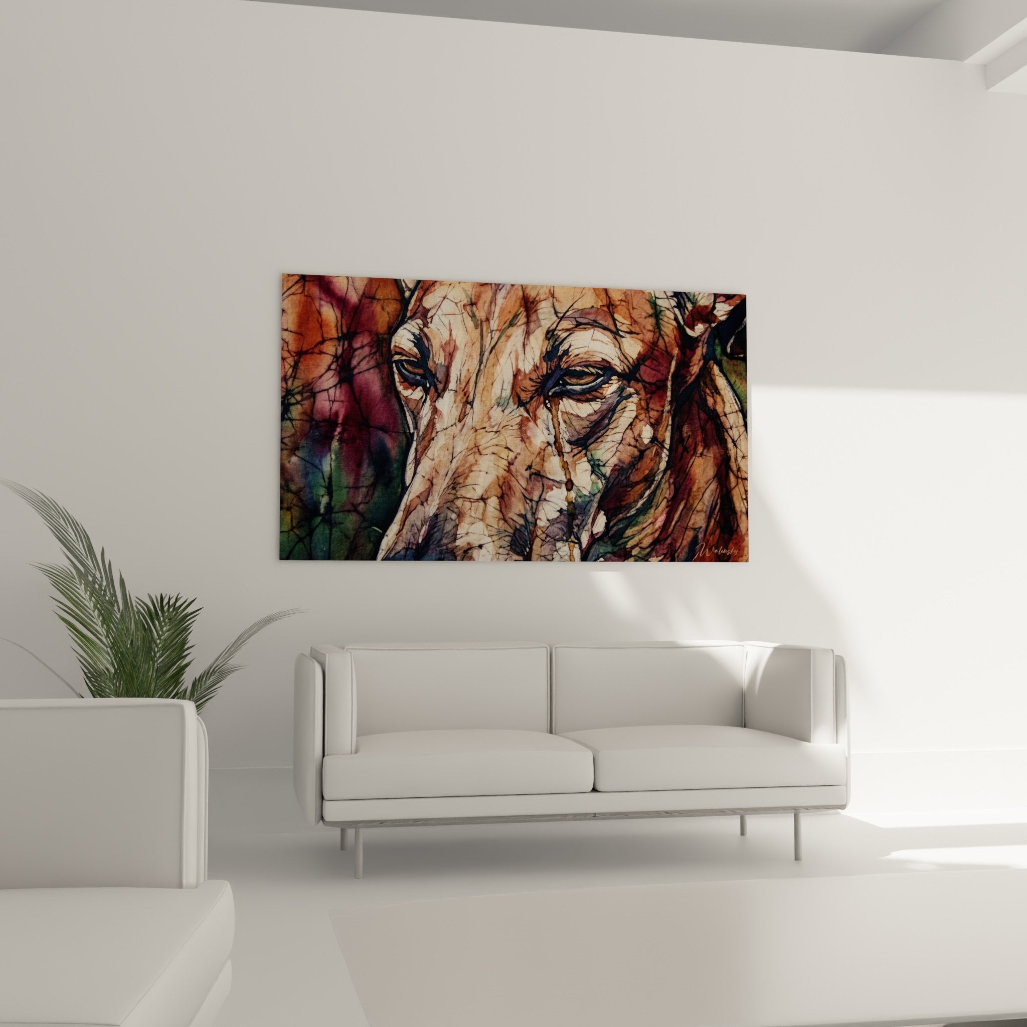 Detail portrait levrier greyhound peinture ocre texture craquelee yeux expressifs art mural