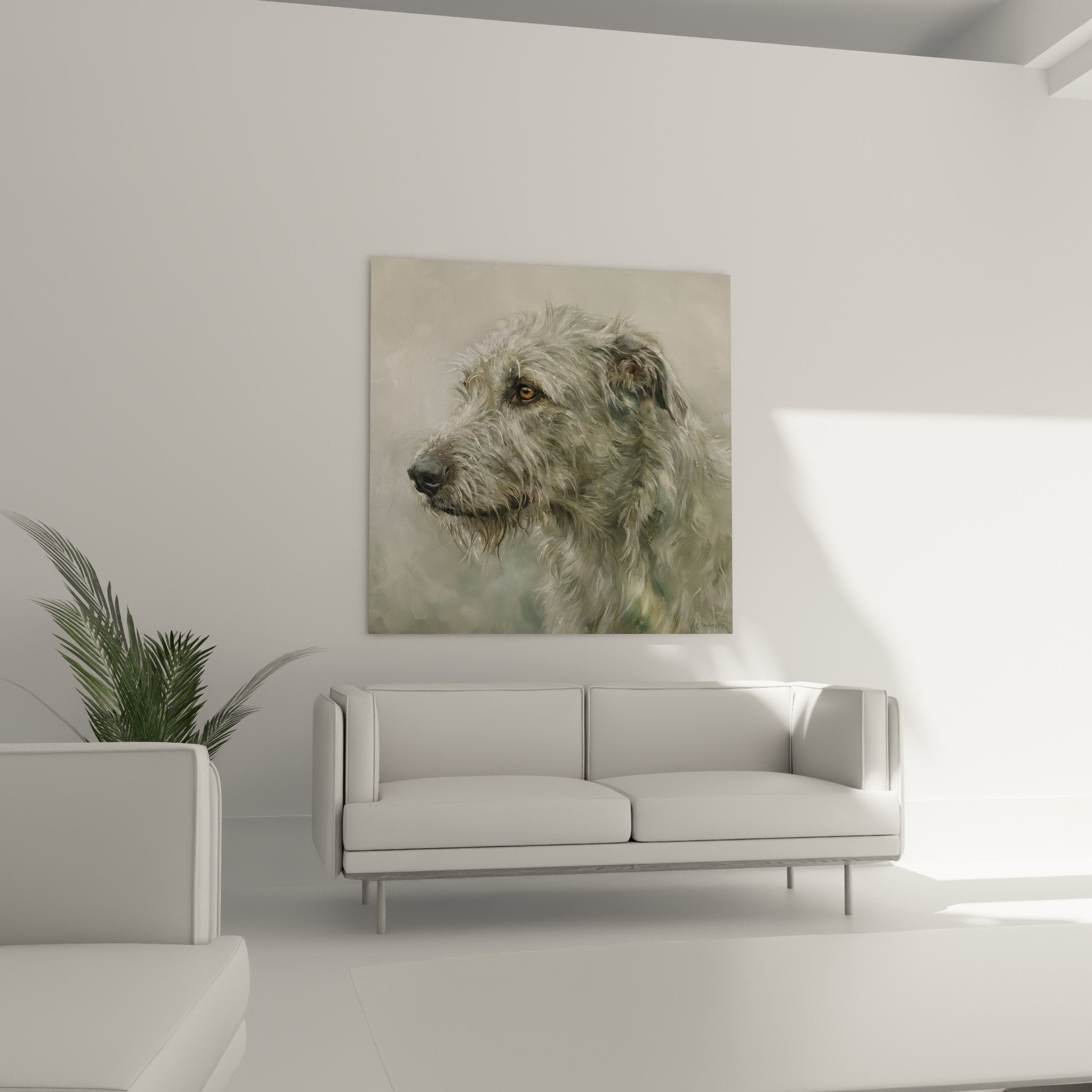 Gros plan portrait irish wolfhound pelage gris argente oeil ambre detaille