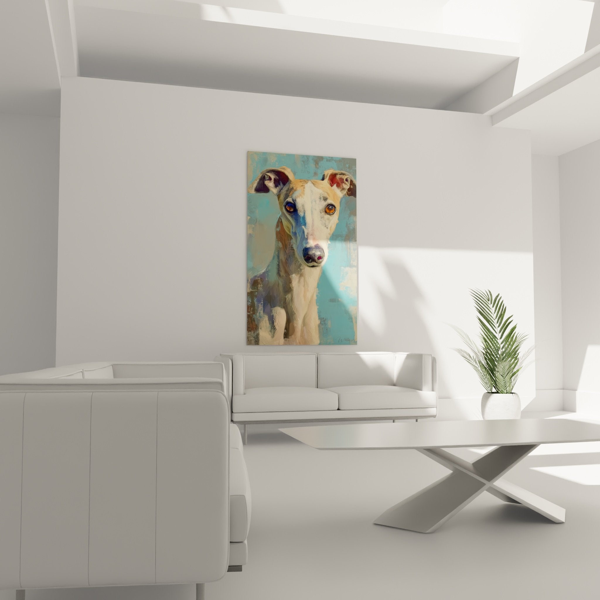 Detail gros plan portrait levrier whippet peinture yeux ambre oreilles cuivrees fond turquoise coups pinceau