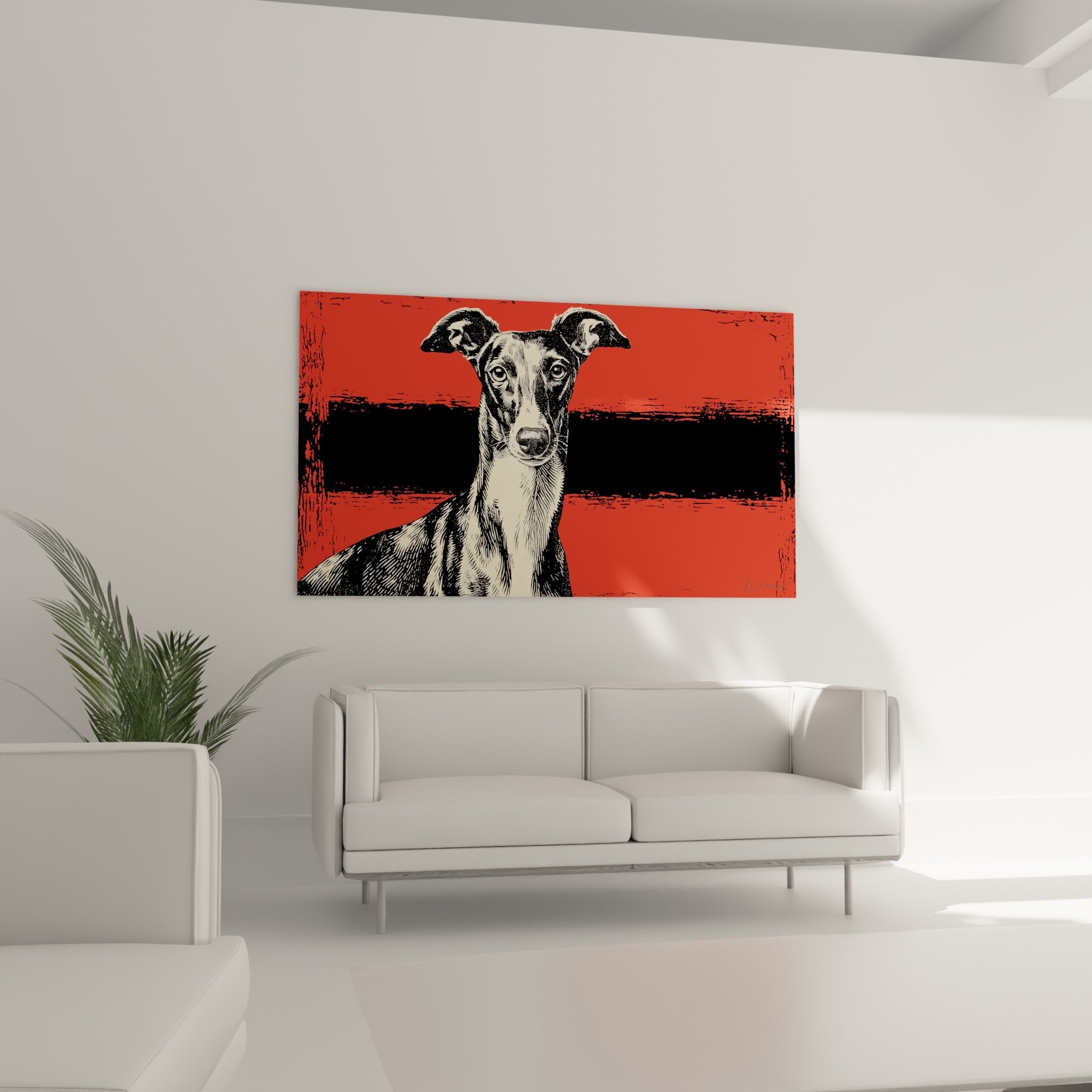 Detail portrait levrier whippet technique serigraphie hachures noir blanc museau elegant oreilles