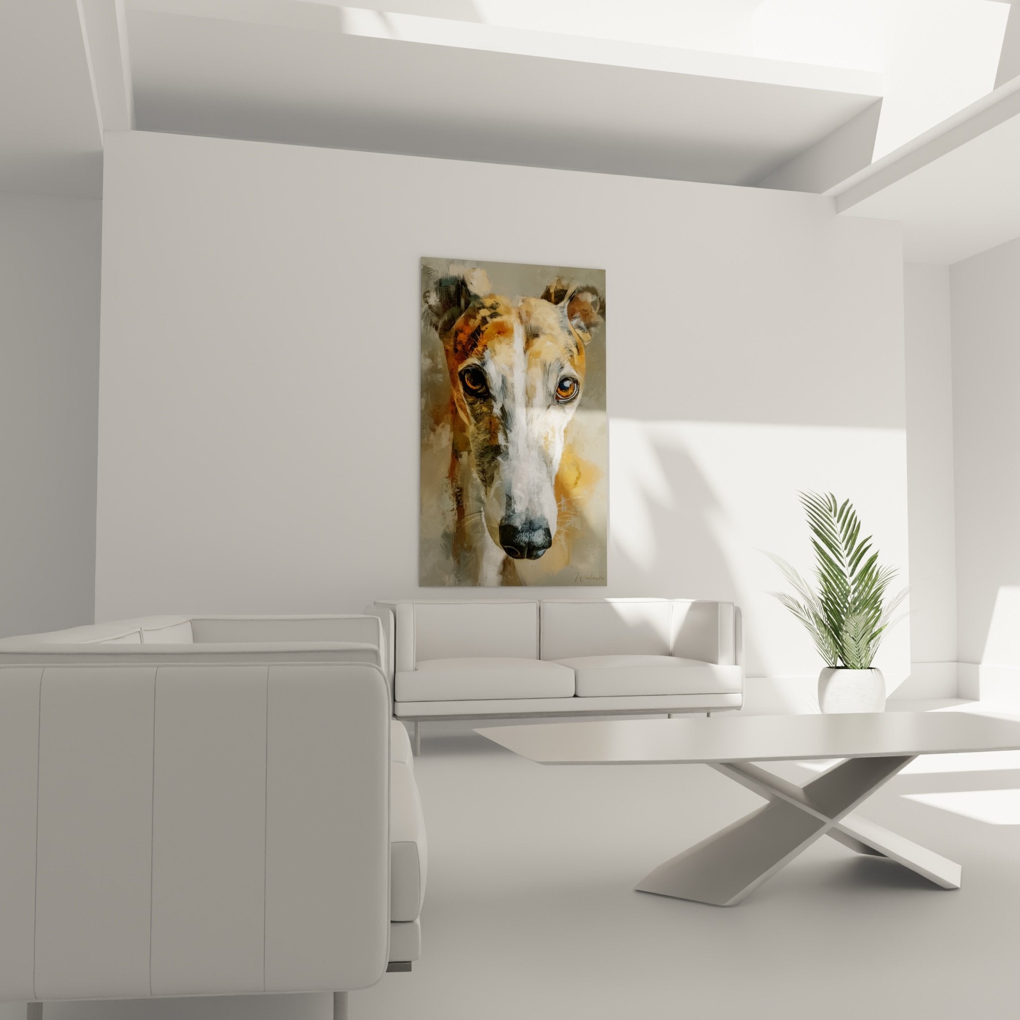 Detail portrait levrier whippet yeux dores techniques picturales modernes texture peinture gestuelle realiste