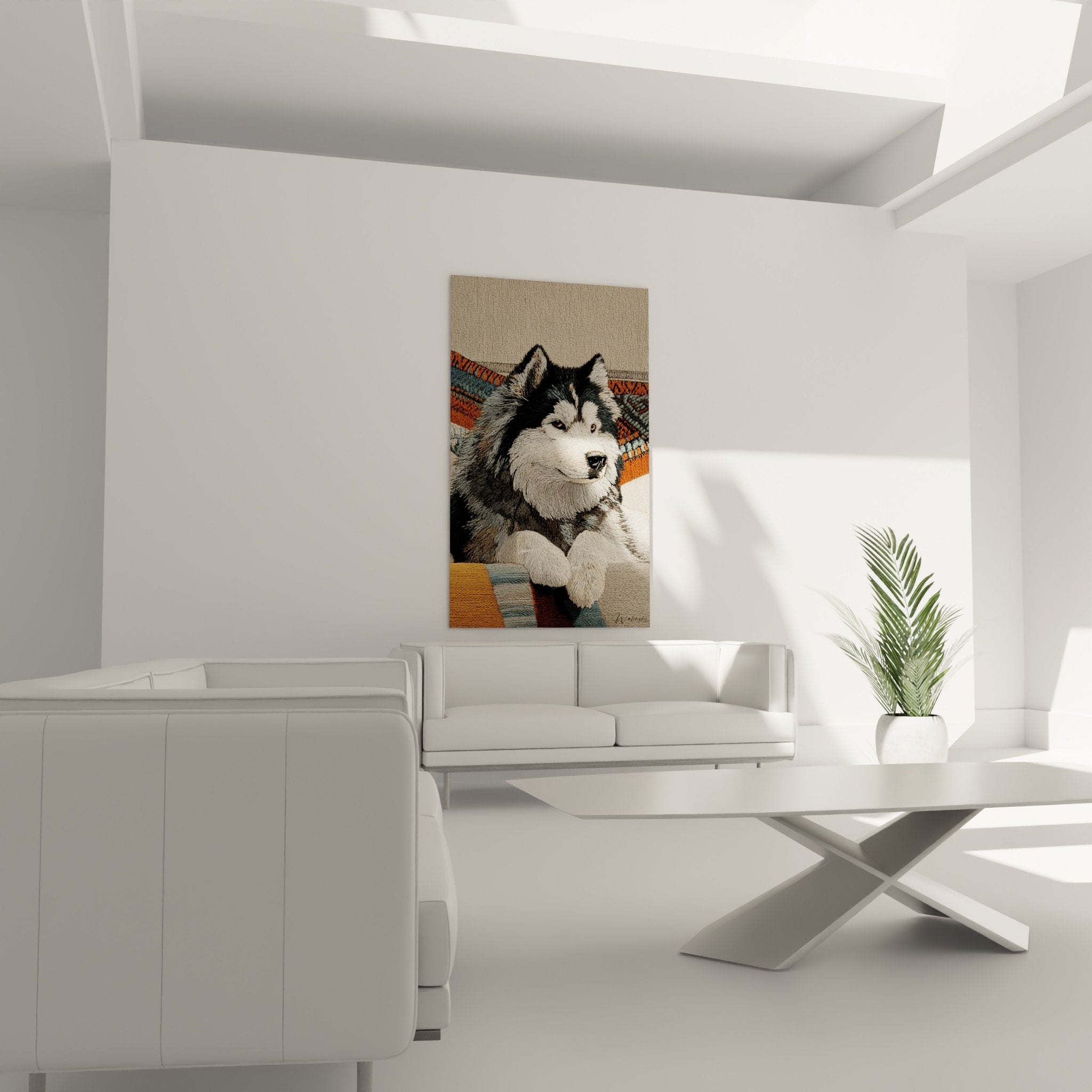 Gros plan détail tableau Malamute - pelage gris-blanc réaliste et yeux ambre perçants sur fond géométrique
