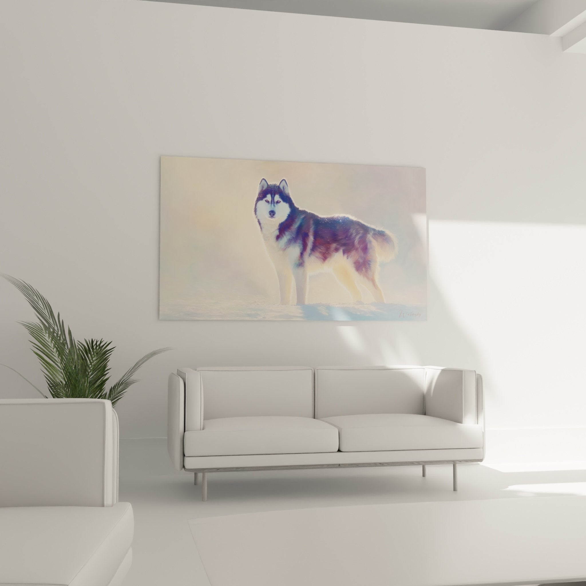 Detail portrait malamute alaska yeux percants pelage noir blanc texture realiste brume doree arriere plan