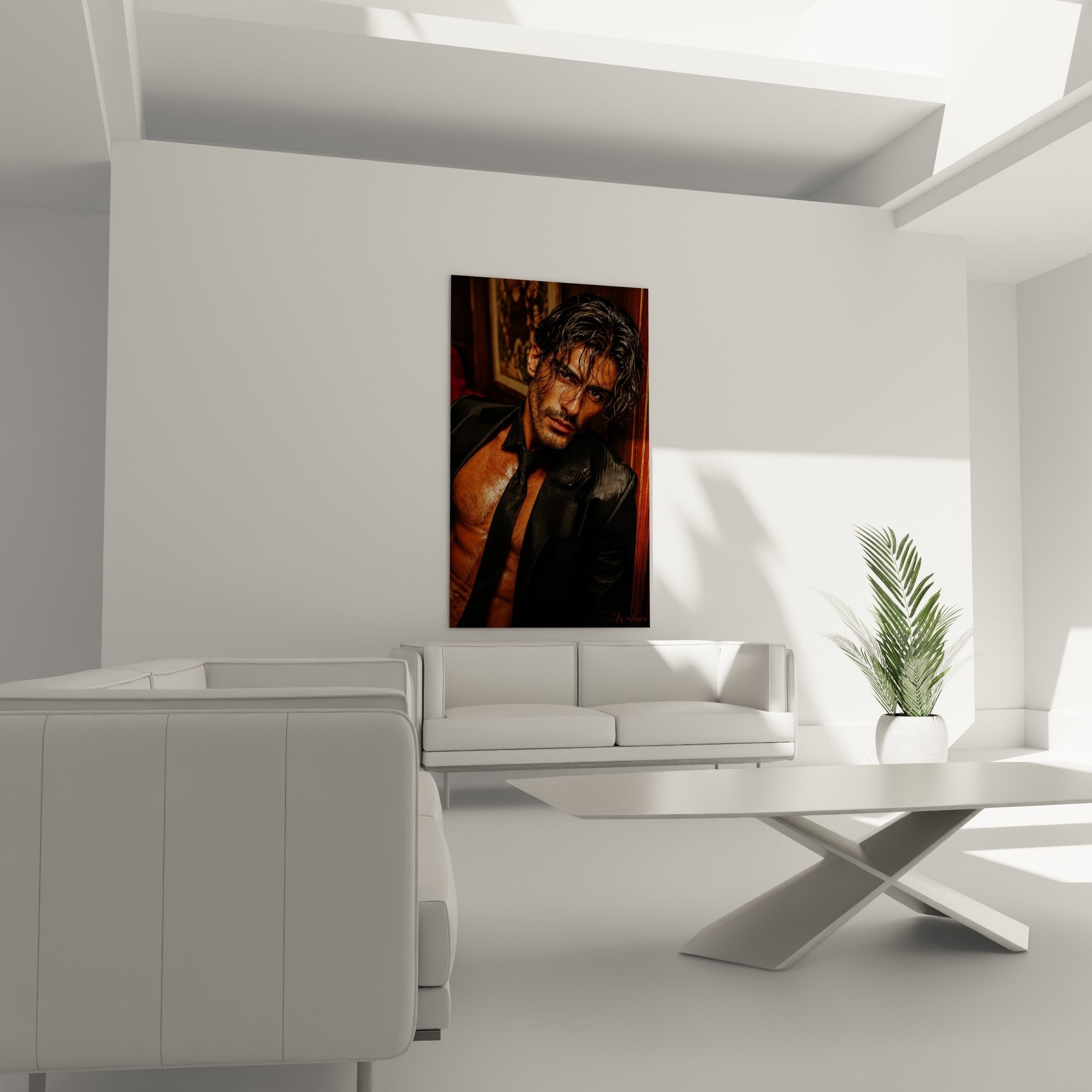 Détail portrait homme torse nu lumière dorée regard intense art mural masculin