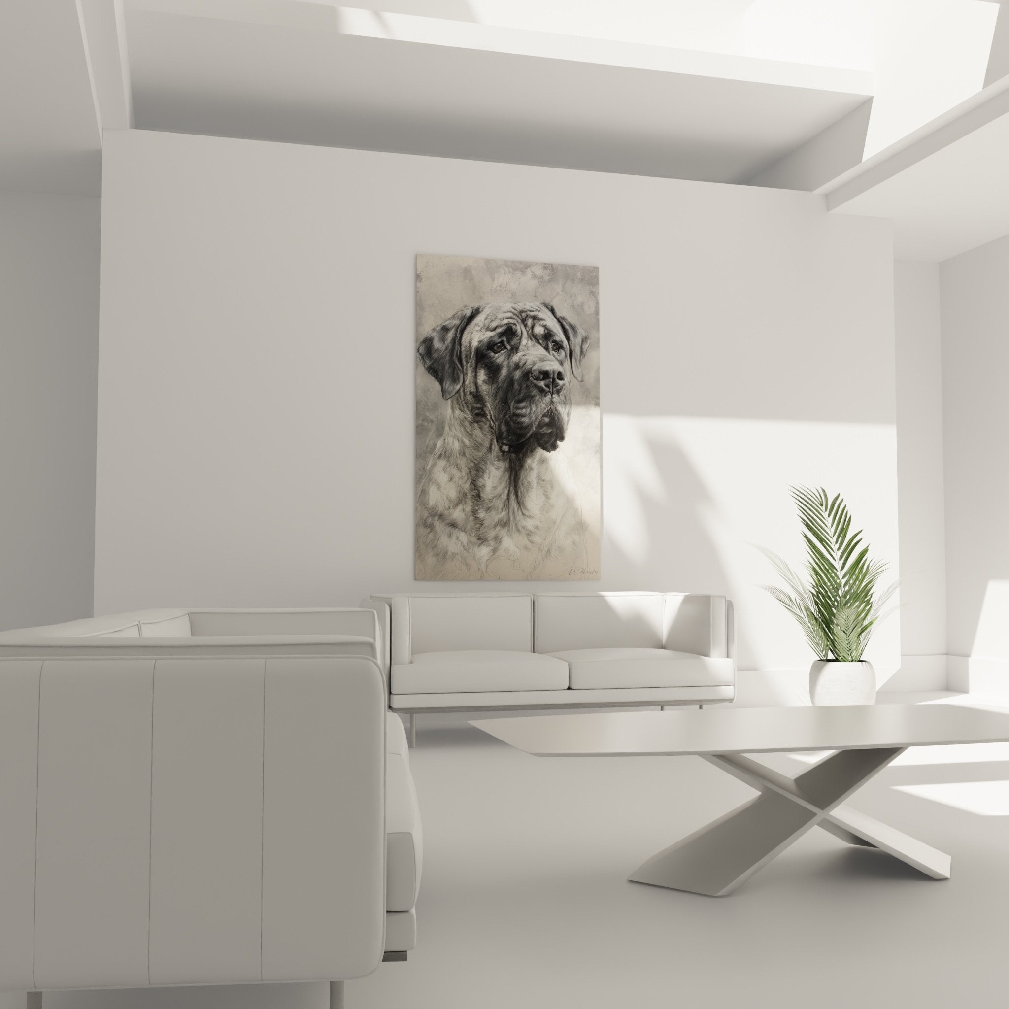Detailliertes Porträt einer englischen Dogge mit realistischer Technik, Fellstruktur und ausdrucksstarken Augen, Tiernkunst