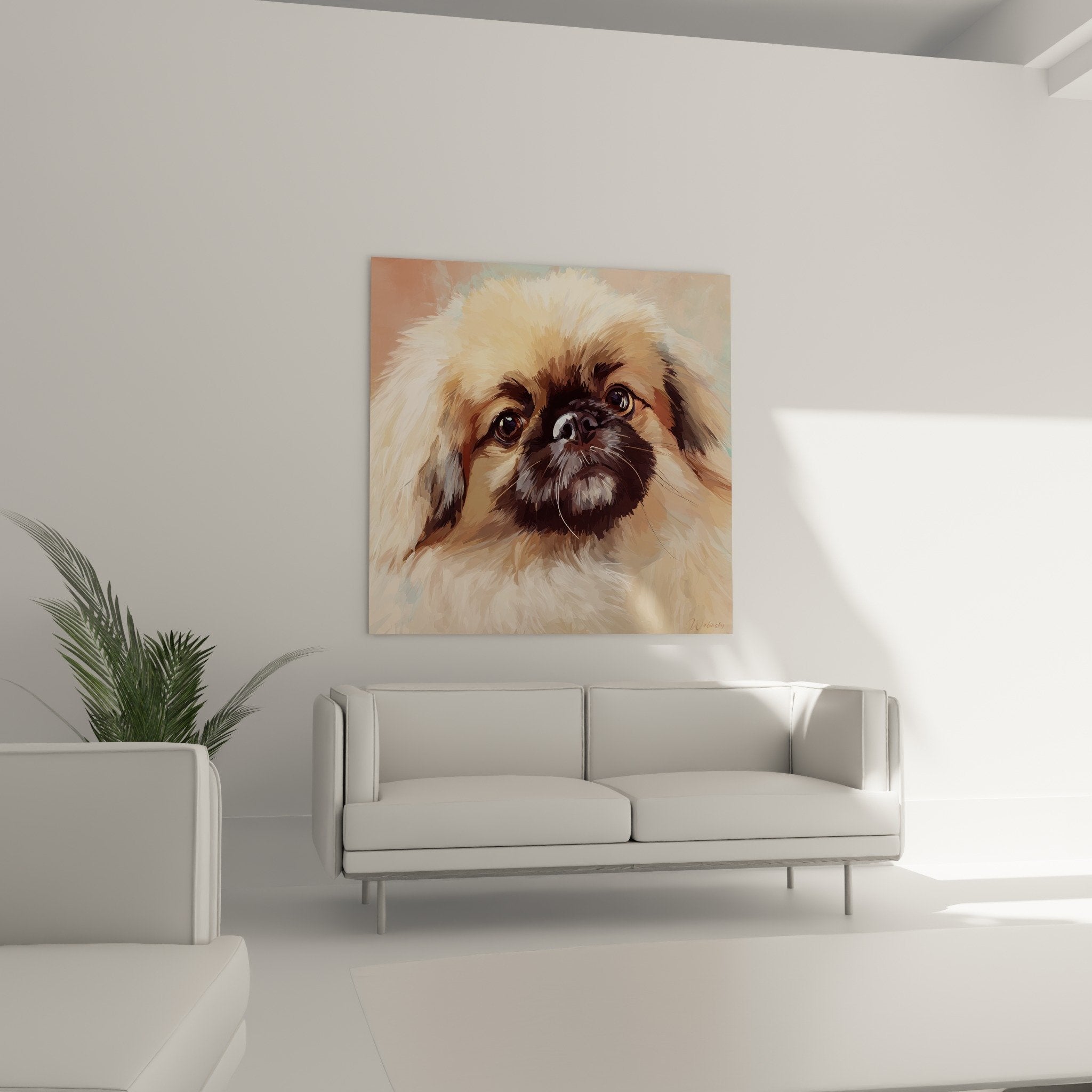 Gros plan portrait Pekinois peinture, detail yeux bruns expressifs et pelage soyeux tons chauds