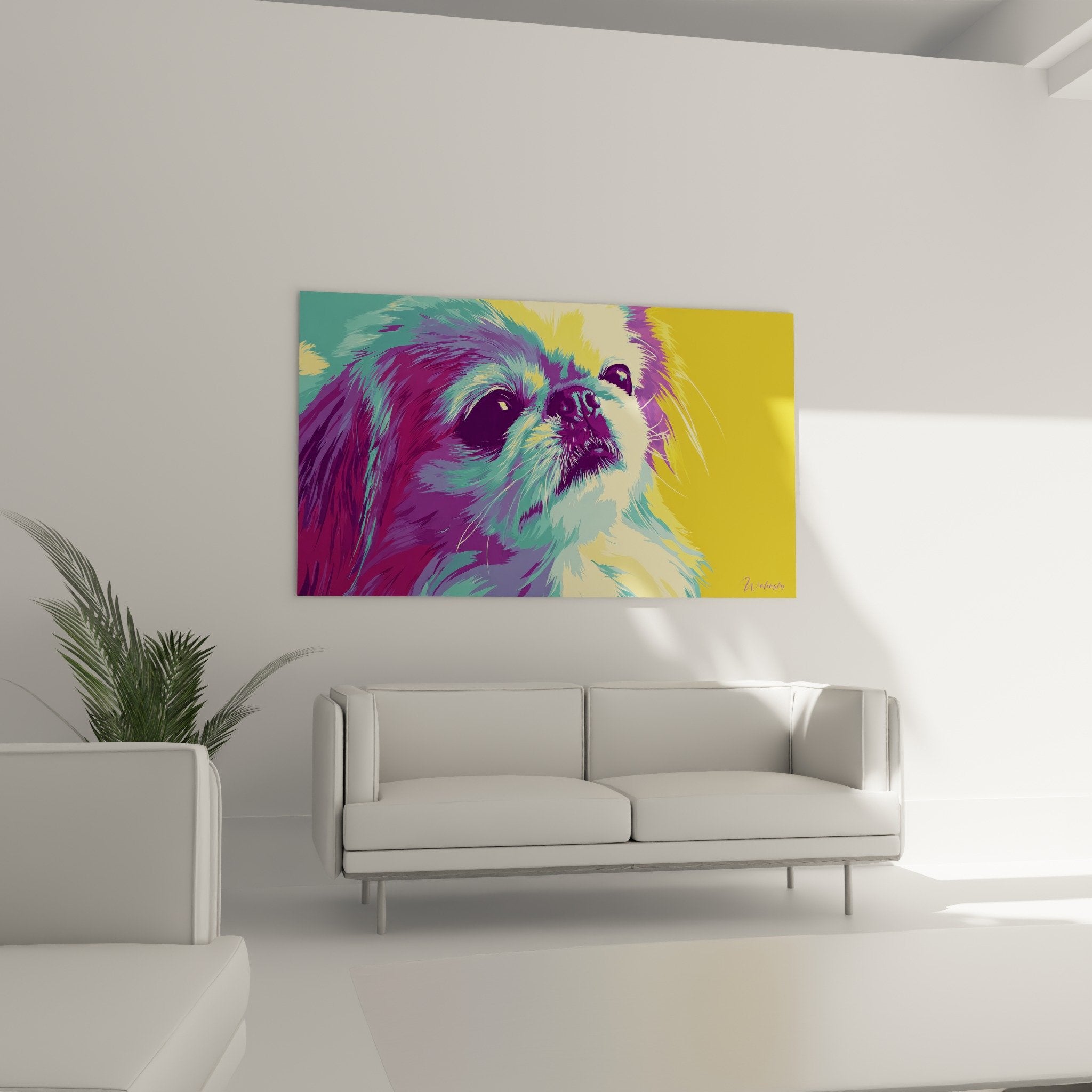 Nahaufnahme des farbenfrohen Porträts eines Pekingesen mit ausdrucksstarken Augen und Fellstruktur