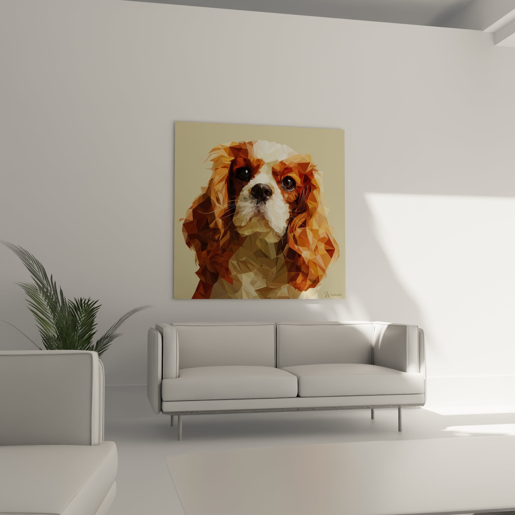 Détail des facettes géométriques colorées du portrait de Cavalier King Charles montrant les nuances cuivrées