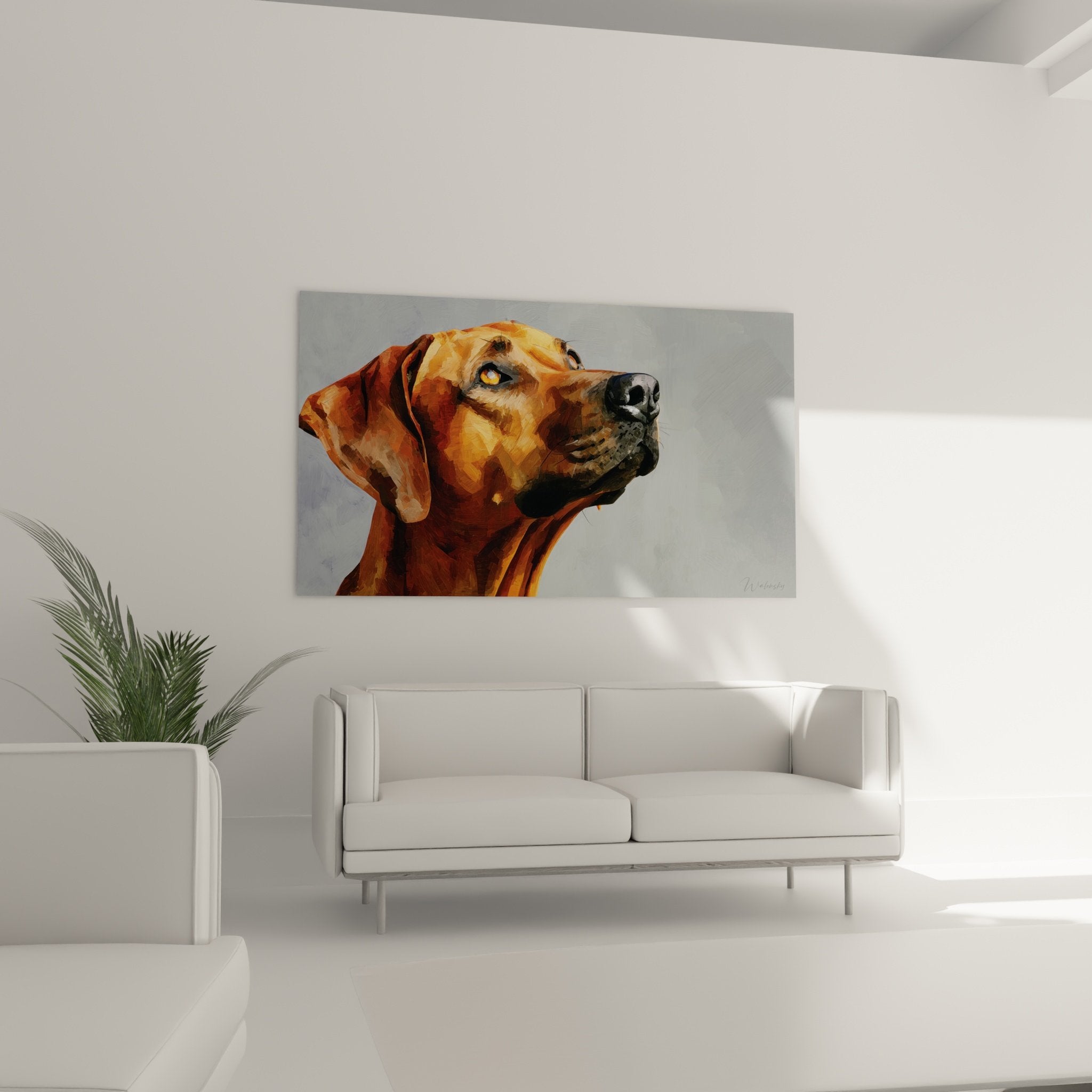 Détail portrait chien roux technique facettes colorées yeux expressifs art contemporain